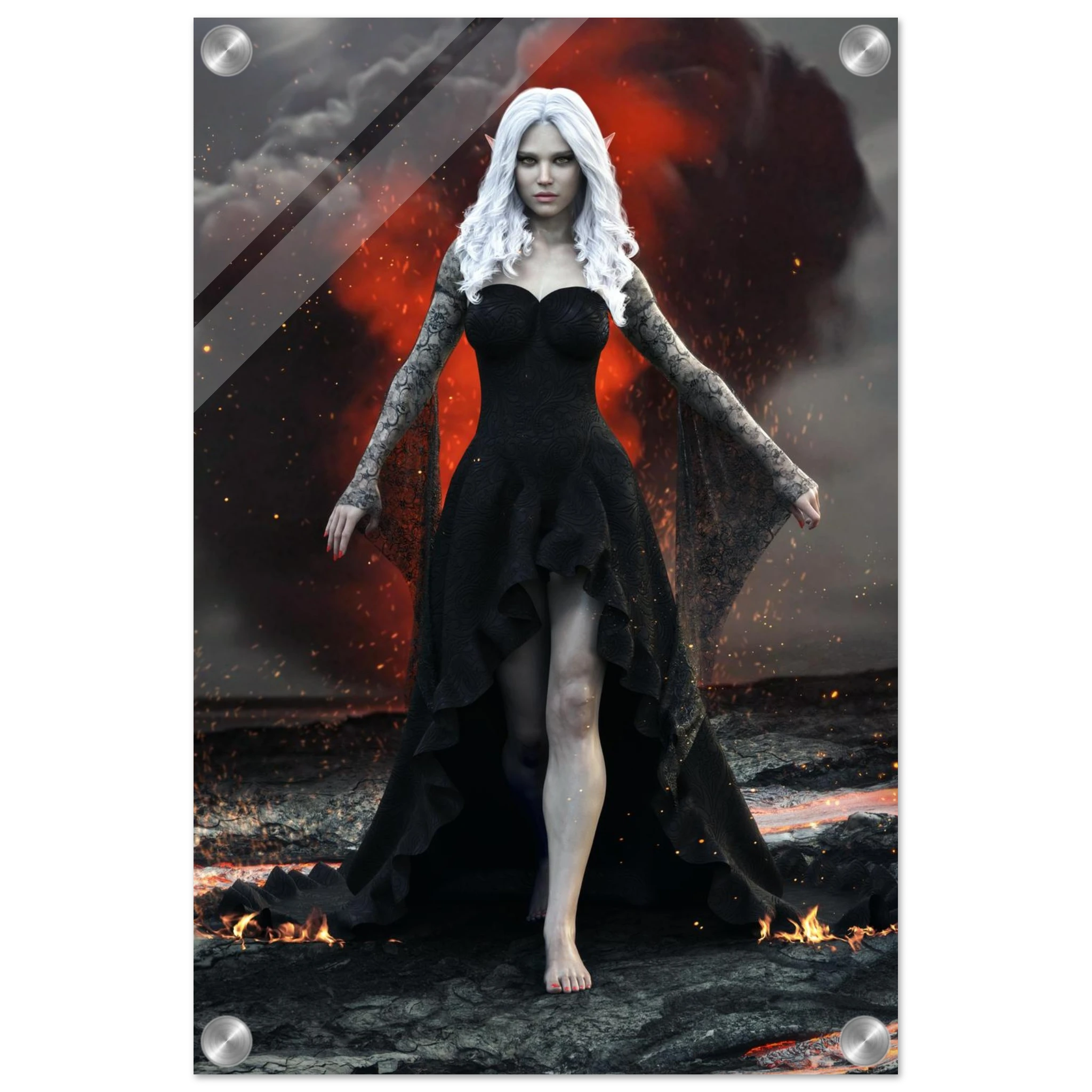 Handcrafted Dark Elf Sorceress wall art featuring a white-haired elven mage in a flowing black gown walking across a volcanic landscape with lava, smoke, and glowing embers. Fantasy artwork perfect for gaming rooms, RPG fans, and dark fantasy décor.