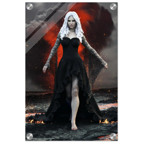 Handcrafted Dark Elf Sorceress wall art featuring a white-haired elven mage in a flowing black gown walking across a volcanic landscape with lava, smoke, and glowing embers. Fantasy artwork perfect for gaming rooms, RPG fans, and dark fantasy décor.