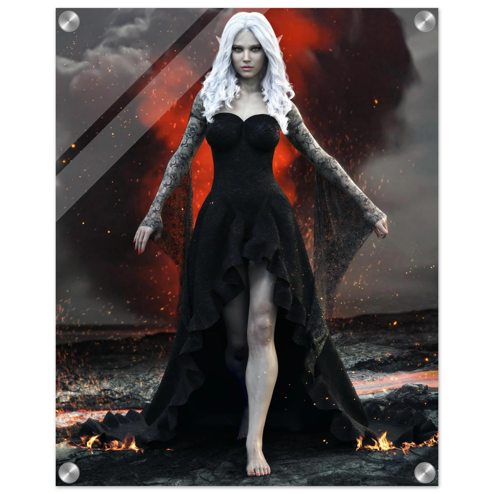 Handcrafted Dark Elf Sorceress wall art featuring a white-haired elven mage in a flowing black gown walking across a volcanic landscape with lava, smoke, and glowing embers. Fantasy artwork perfect for gaming rooms, RPG fans, and dark fantasy décor.