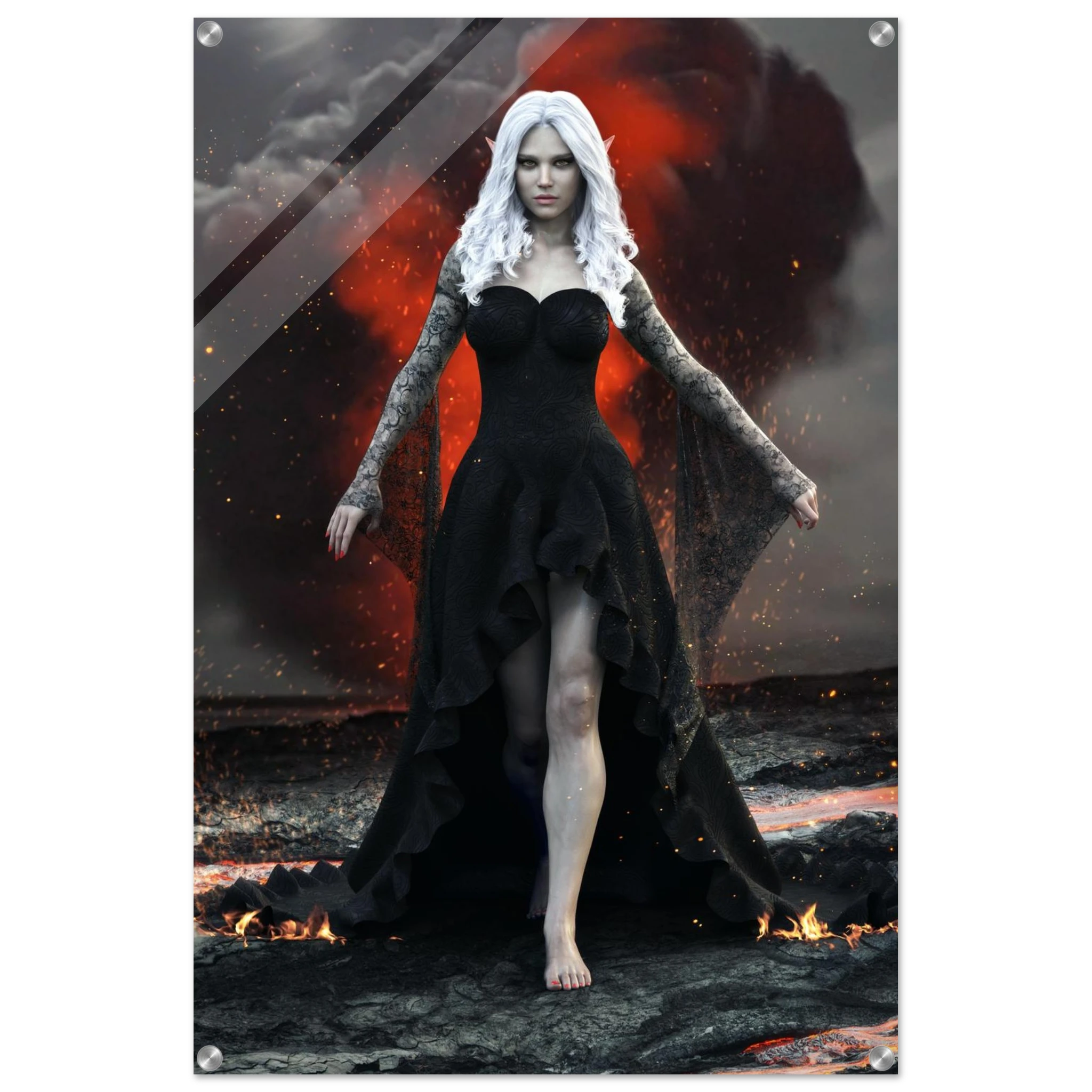 Handcrafted Dark Elf Sorceress wall art featuring a white-haired elven mage in a flowing black gown walking across a volcanic landscape with lava, smoke, and glowing embers. Fantasy artwork perfect for gaming rooms, RPG fans, and dark fantasy décor.