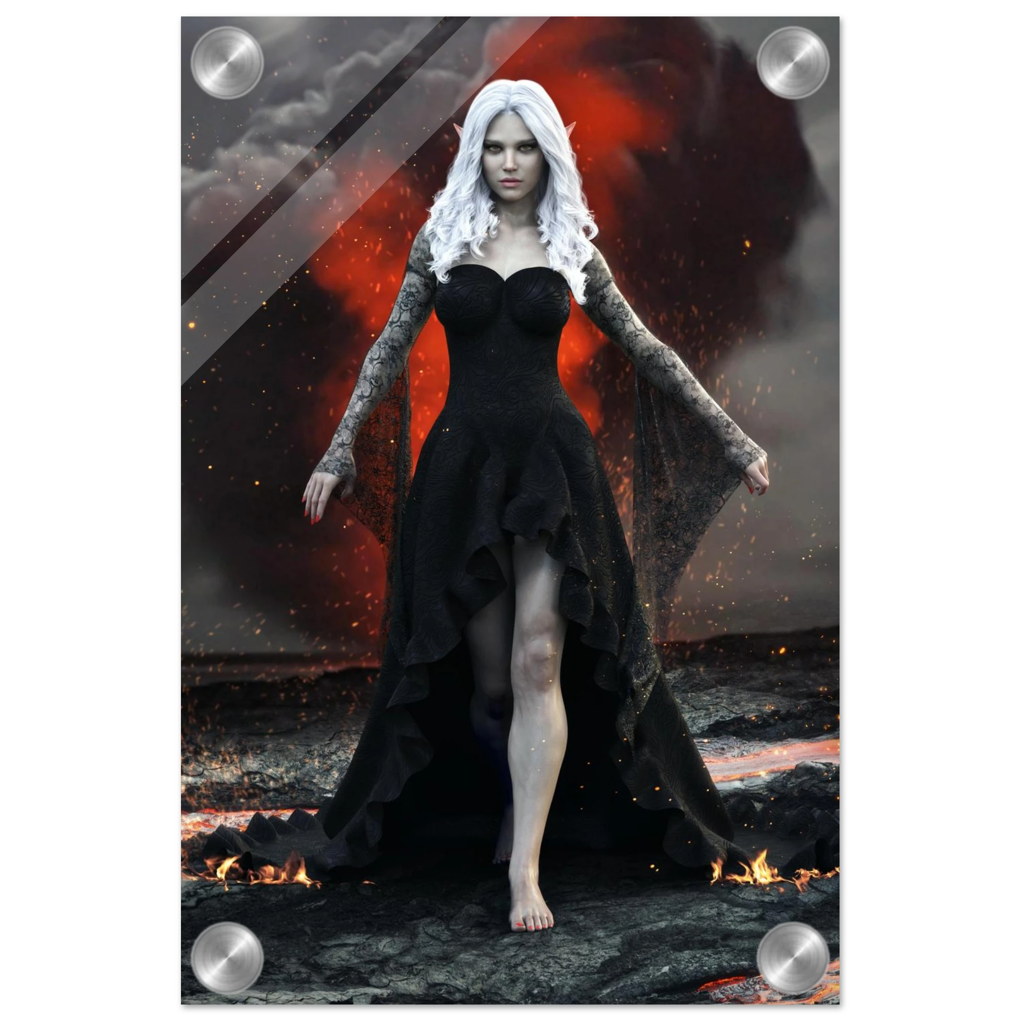Handcrafted Dark Elf Sorceress wall art featuring a white-haired elven mage in a flowing black gown walking across a volcanic landscape with lava, smoke, and glowing embers. Fantasy artwork perfect for gaming rooms, RPG fans, and dark fantasy décor.