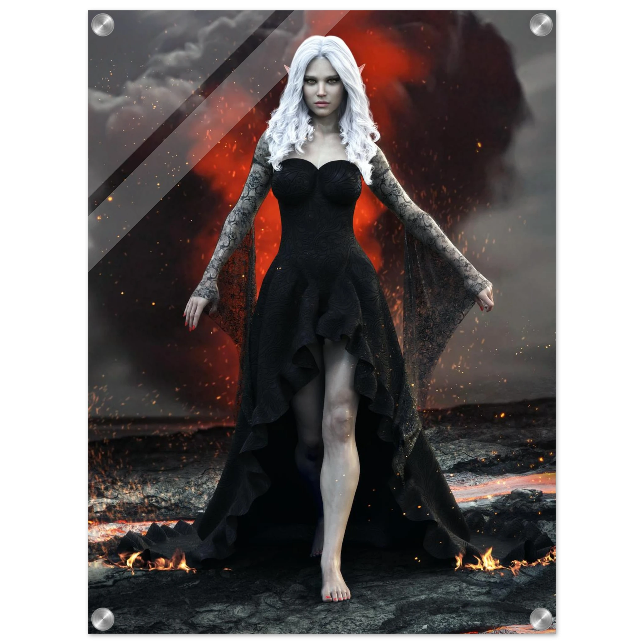 Handcrafted Dark Elf Sorceress wall art featuring a white-haired elven mage in a flowing black gown walking across a volcanic landscape with lava, smoke, and glowing embers. Fantasy artwork perfect for gaming rooms, RPG fans, and dark fantasy décor.