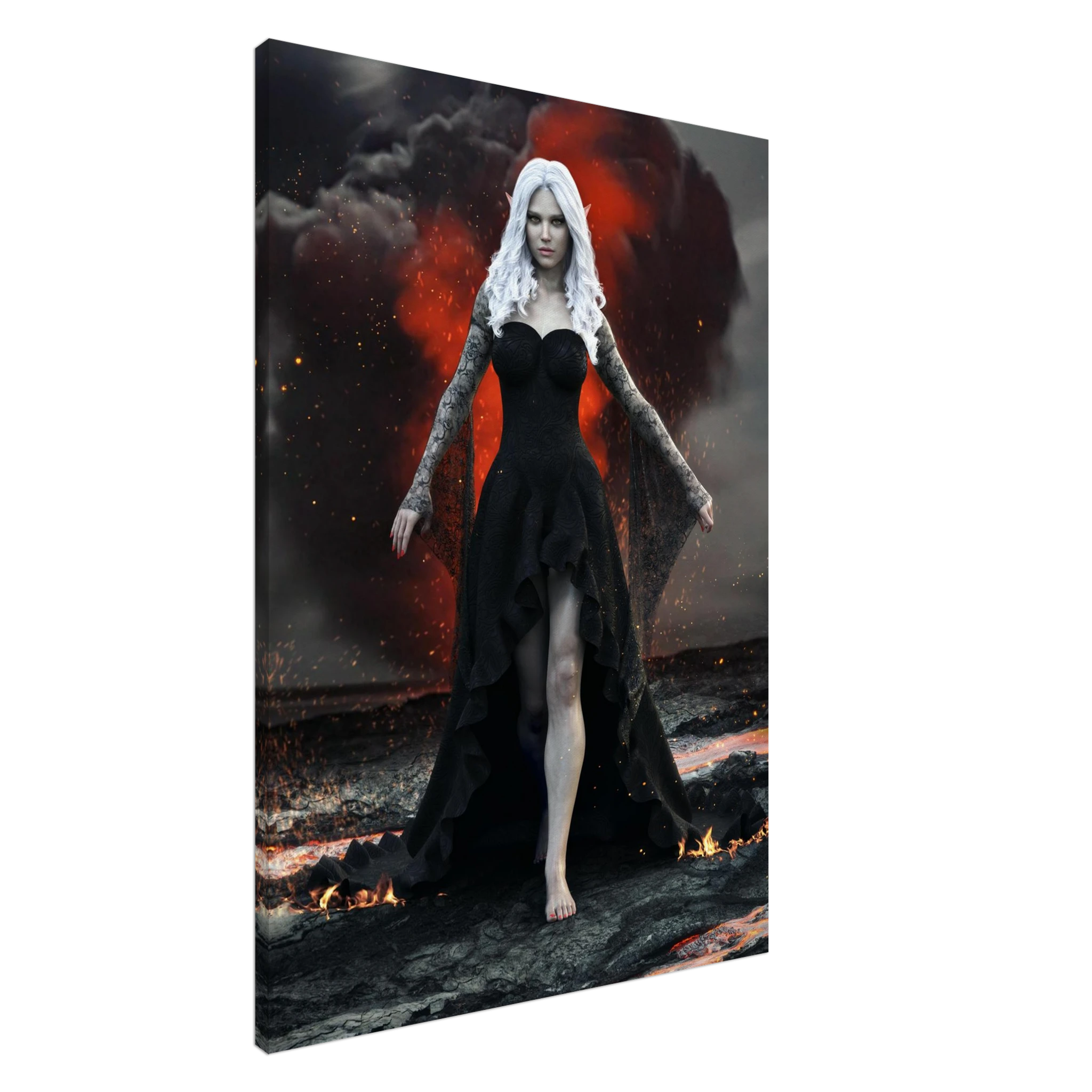 Handcrafted Dark Elf Sorceress wall art featuring a white-haired elven mage in a flowing black gown walking across a volcanic landscape with lava, smoke, and glowing embers. Fantasy artwork perfect for gaming rooms, RPG fans, and dark fantasy décor.