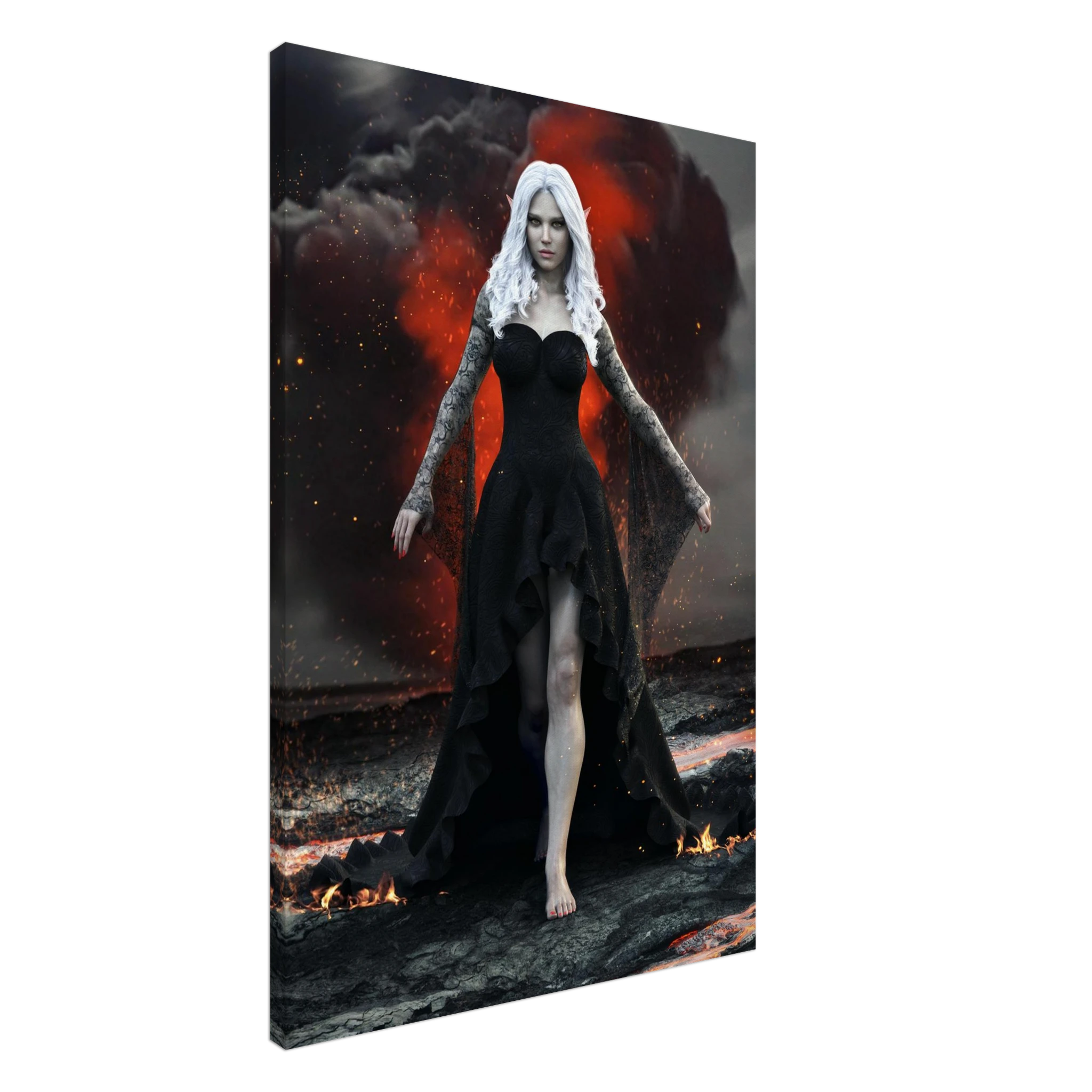 Handcrafted Dark Elf Sorceress wall art featuring a white-haired elven mage in a flowing black gown walking across a volcanic landscape with lava, smoke, and glowing embers. Fantasy artwork perfect for gaming rooms, RPG fans, and dark fantasy décor.