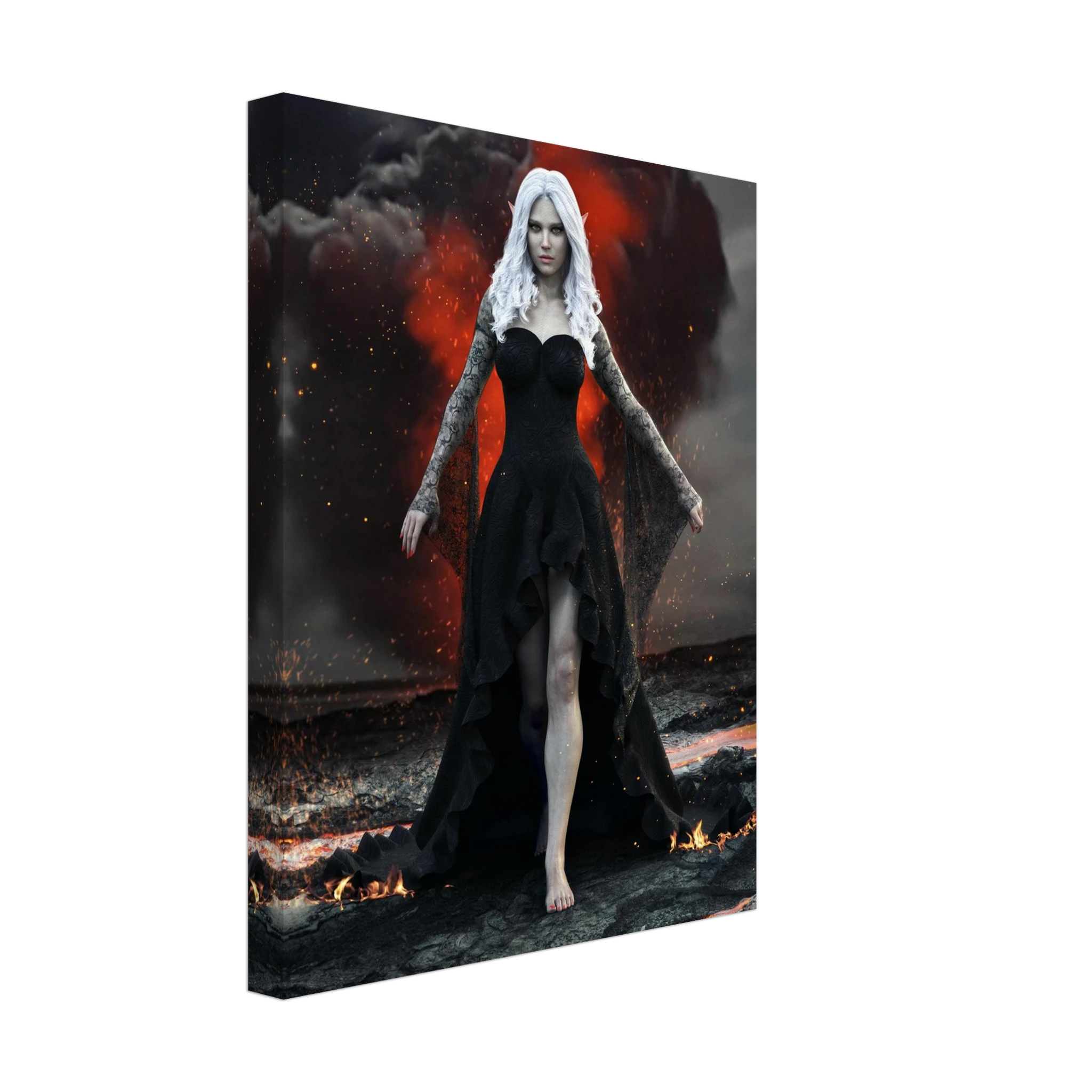 Handcrafted Dark Elf Sorceress wall art featuring a white-haired elven mage in a flowing black gown walking across a volcanic landscape with lava, smoke, and glowing embers. Fantasy artwork perfect for gaming rooms, RPG fans, and dark fantasy décor.
