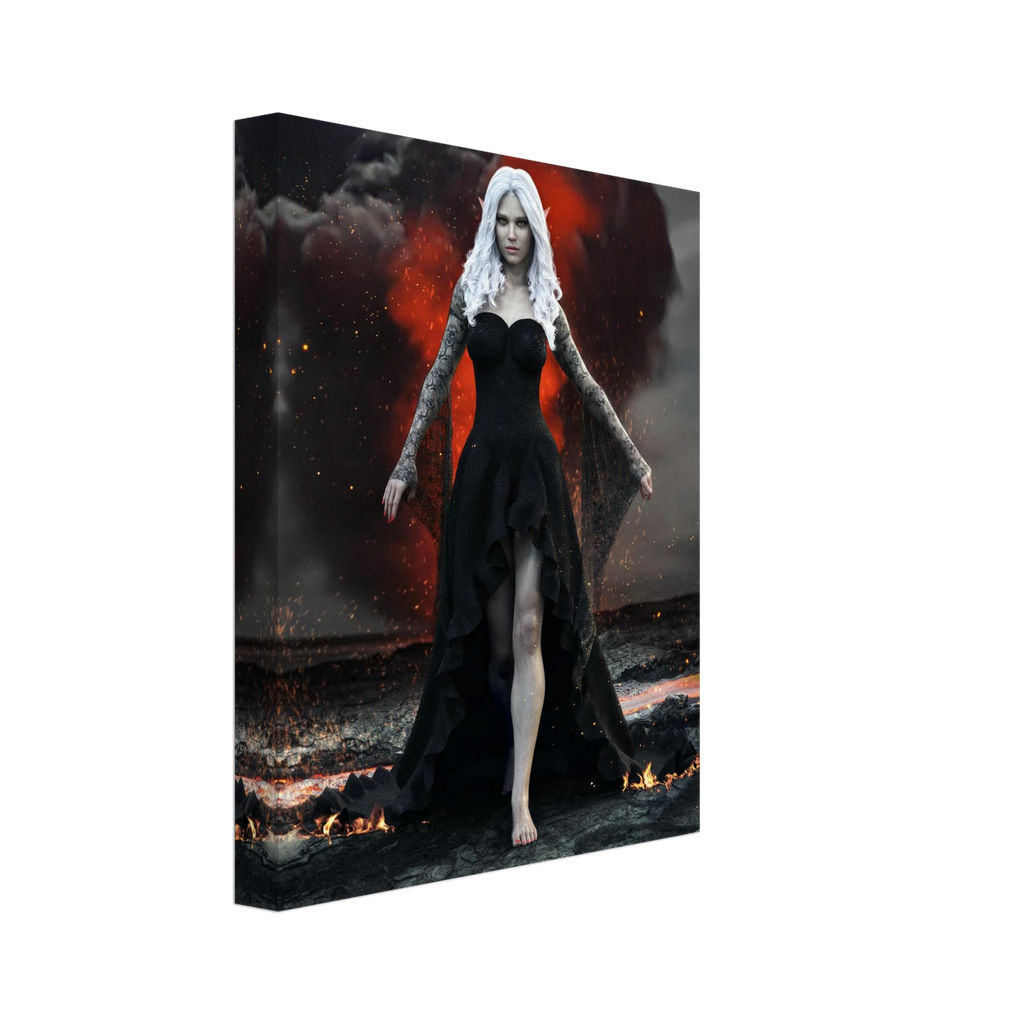 Handcrafted Dark Elf Sorceress wall art featuring a white-haired elven mage in a flowing black gown walking across a volcanic landscape with lava, smoke, and glowing embers. Fantasy artwork perfect for gaming rooms, RPG fans, and dark fantasy décor.