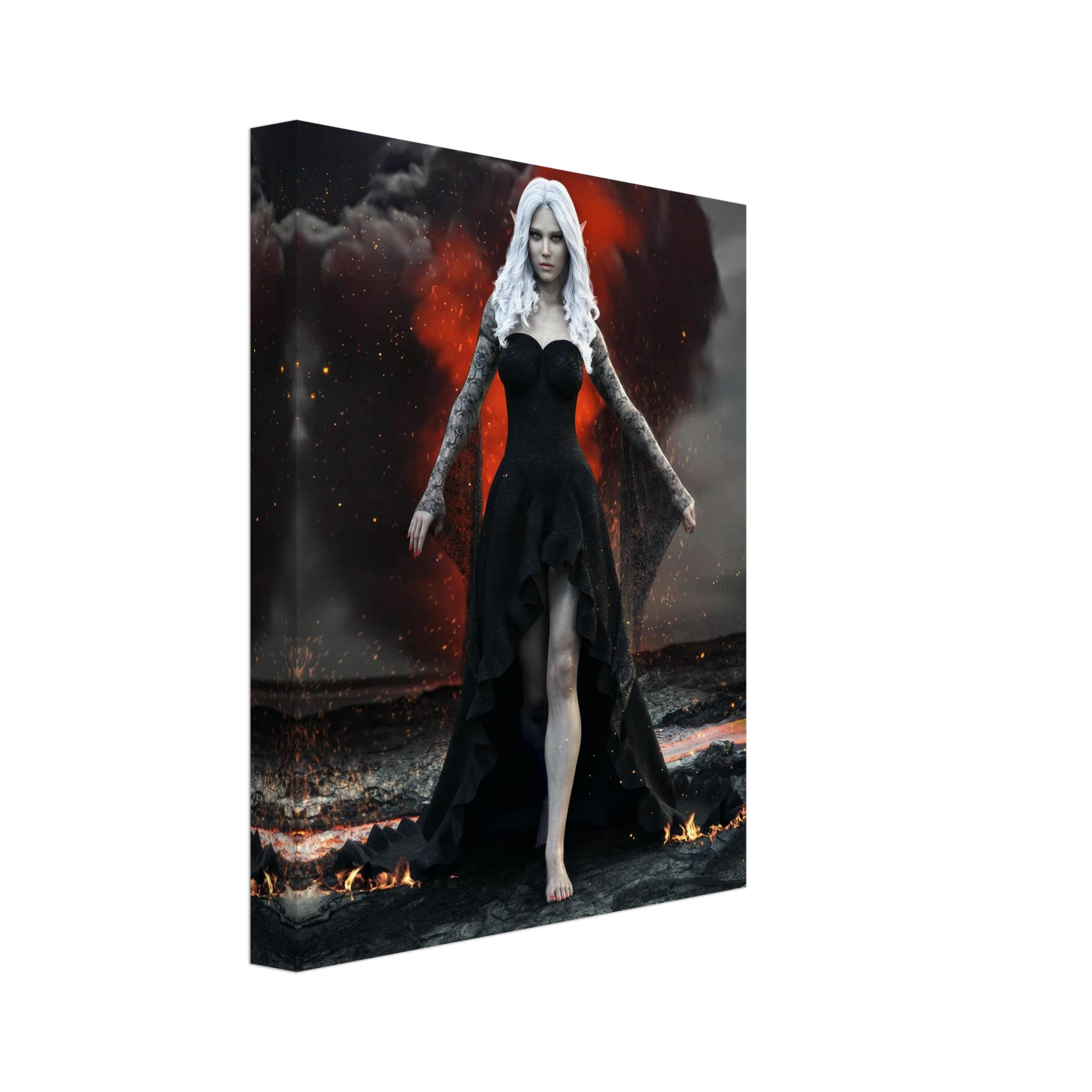 Handcrafted Dark Elf Sorceress wall art featuring a white-haired elven mage in a flowing black gown walking across a volcanic landscape with lava, smoke, and glowing embers. Fantasy artwork perfect for gaming rooms, RPG fans, and dark fantasy décor.