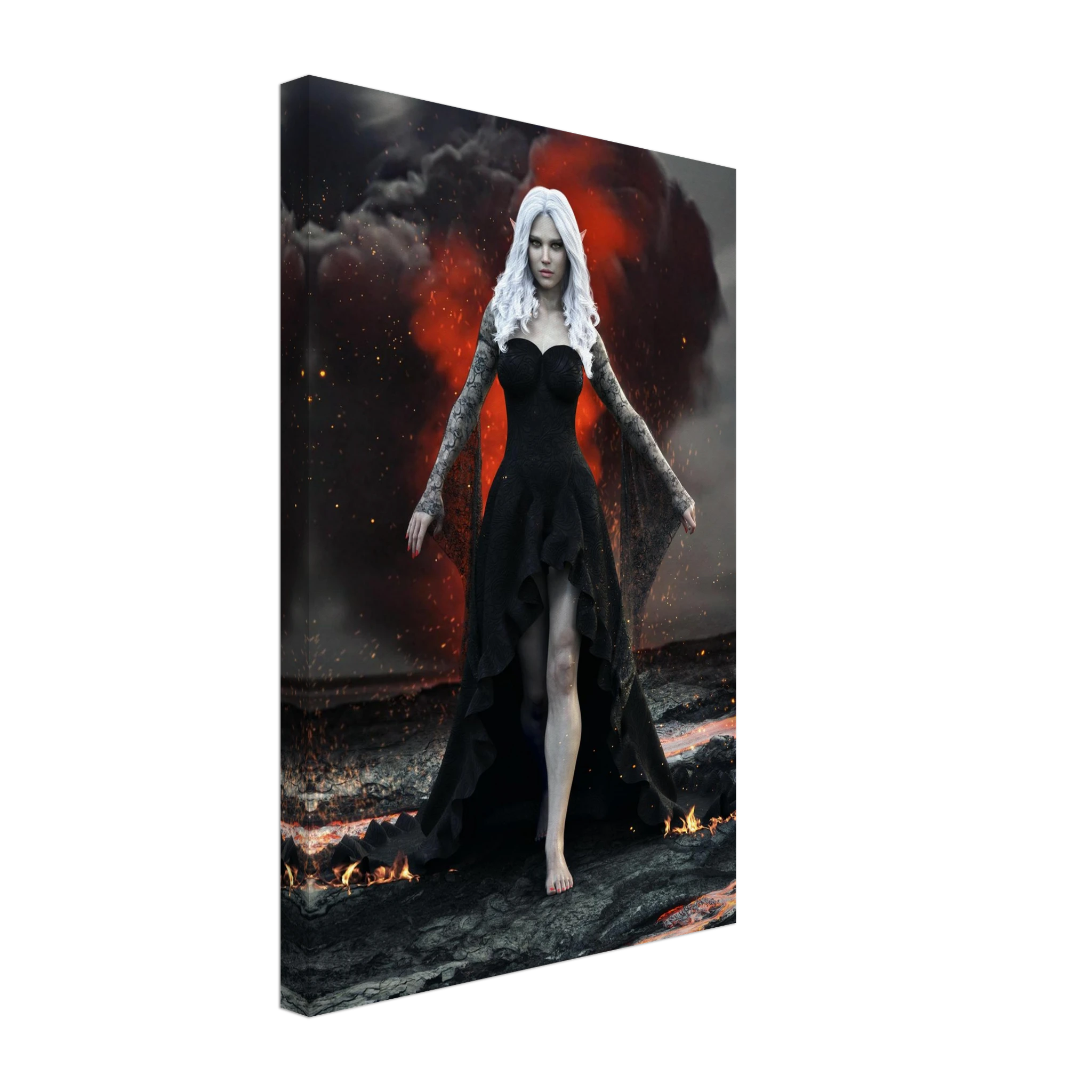 Handcrafted Dark Elf Sorceress wall art featuring a white-haired elven mage in a flowing black gown walking across a volcanic landscape with lava, smoke, and glowing embers. Fantasy artwork perfect for gaming rooms, RPG fans, and dark fantasy décor.