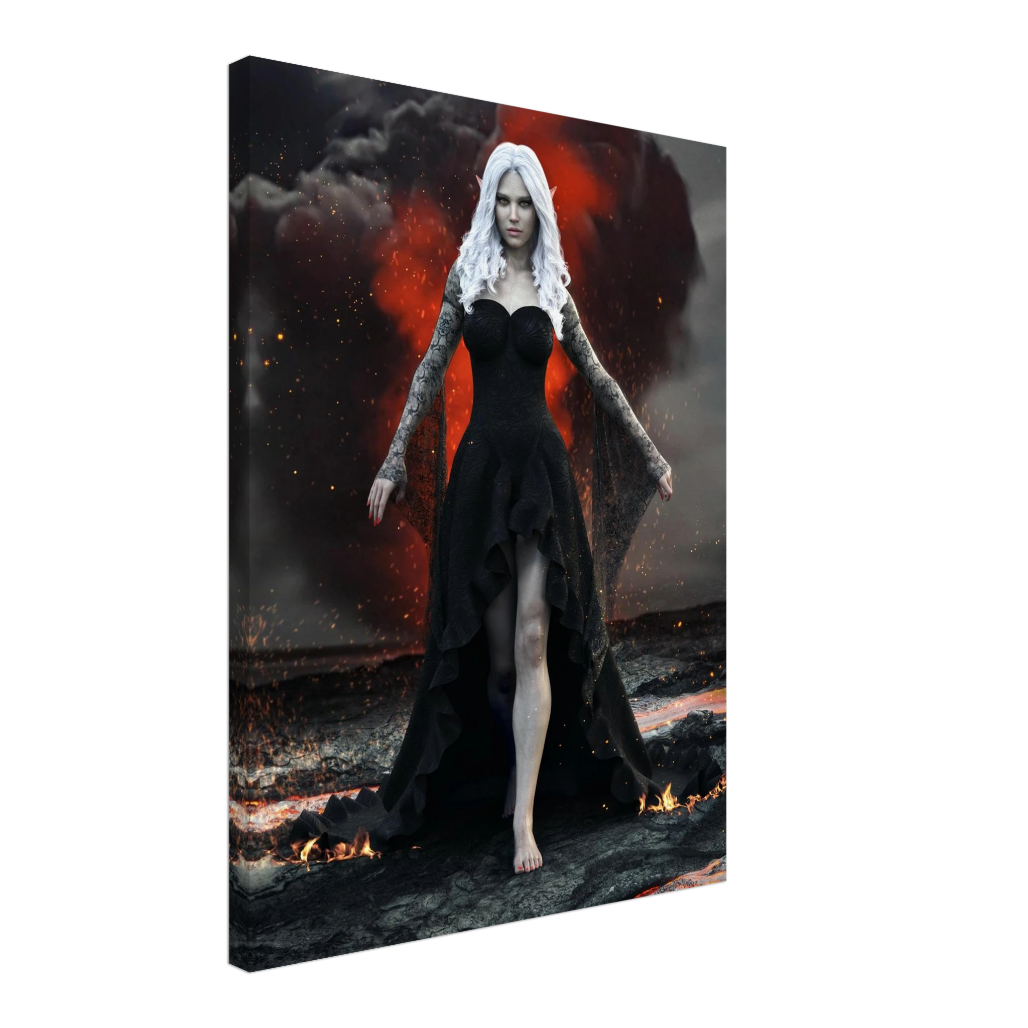 Handcrafted Dark Elf Sorceress wall art featuring a white-haired elven mage in a flowing black gown walking across a volcanic landscape with lava, smoke, and glowing embers. Fantasy artwork perfect for gaming rooms, RPG fans, and dark fantasy décor.