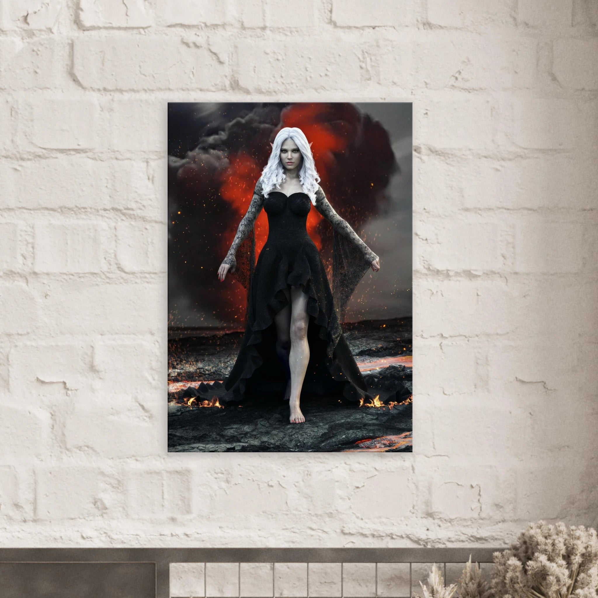 Handcrafted Dark Elf Sorceress wall art featuring a white-haired elven mage in a flowing black gown walking across a volcanic landscape with lava, smoke, and glowing embers. Fantasy artwork perfect for gaming rooms, RPG fans, and dark fantasy décor.