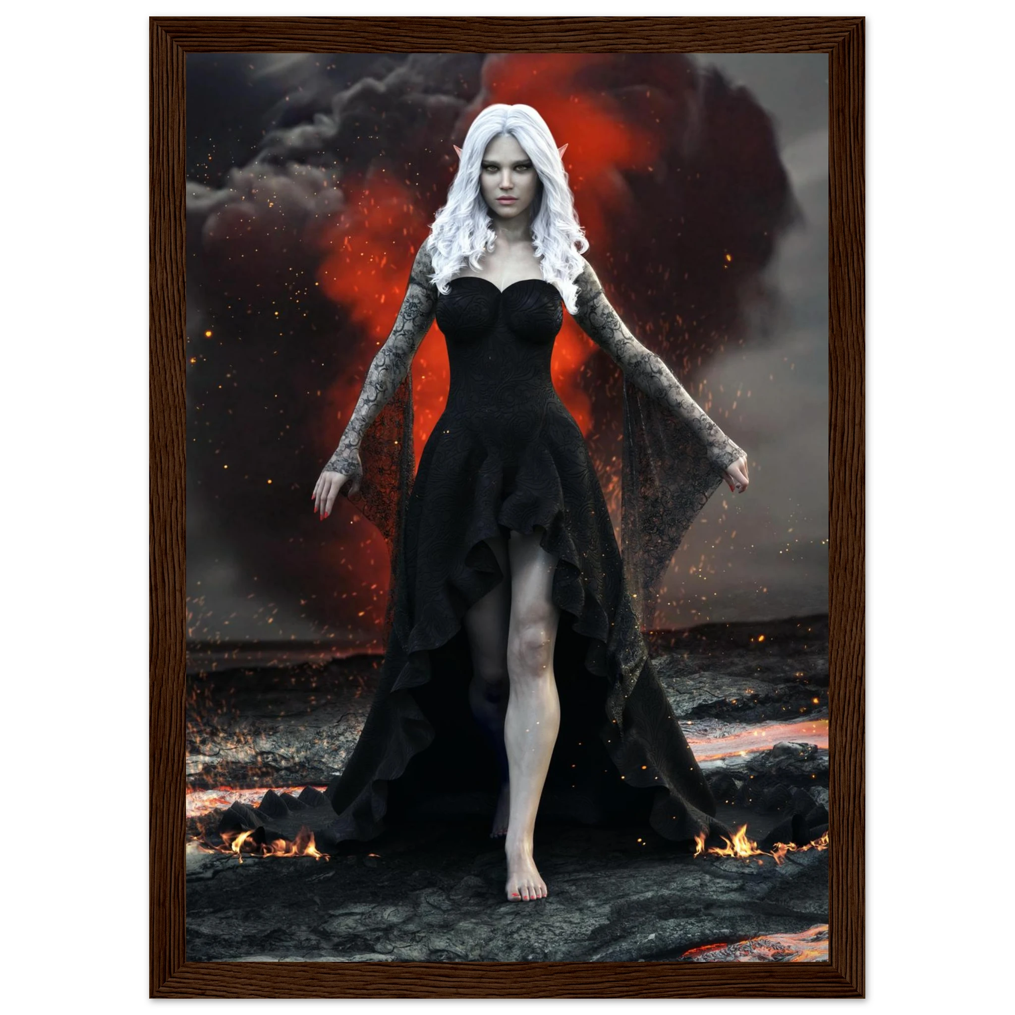 Handcrafted Dark Elf Sorceress wall art featuring a white-haired elven mage in a flowing black gown walking across a volcanic landscape with lava, smoke, and glowing embers. Fantasy artwork perfect for gaming rooms, RPG fans, and dark fantasy décor.