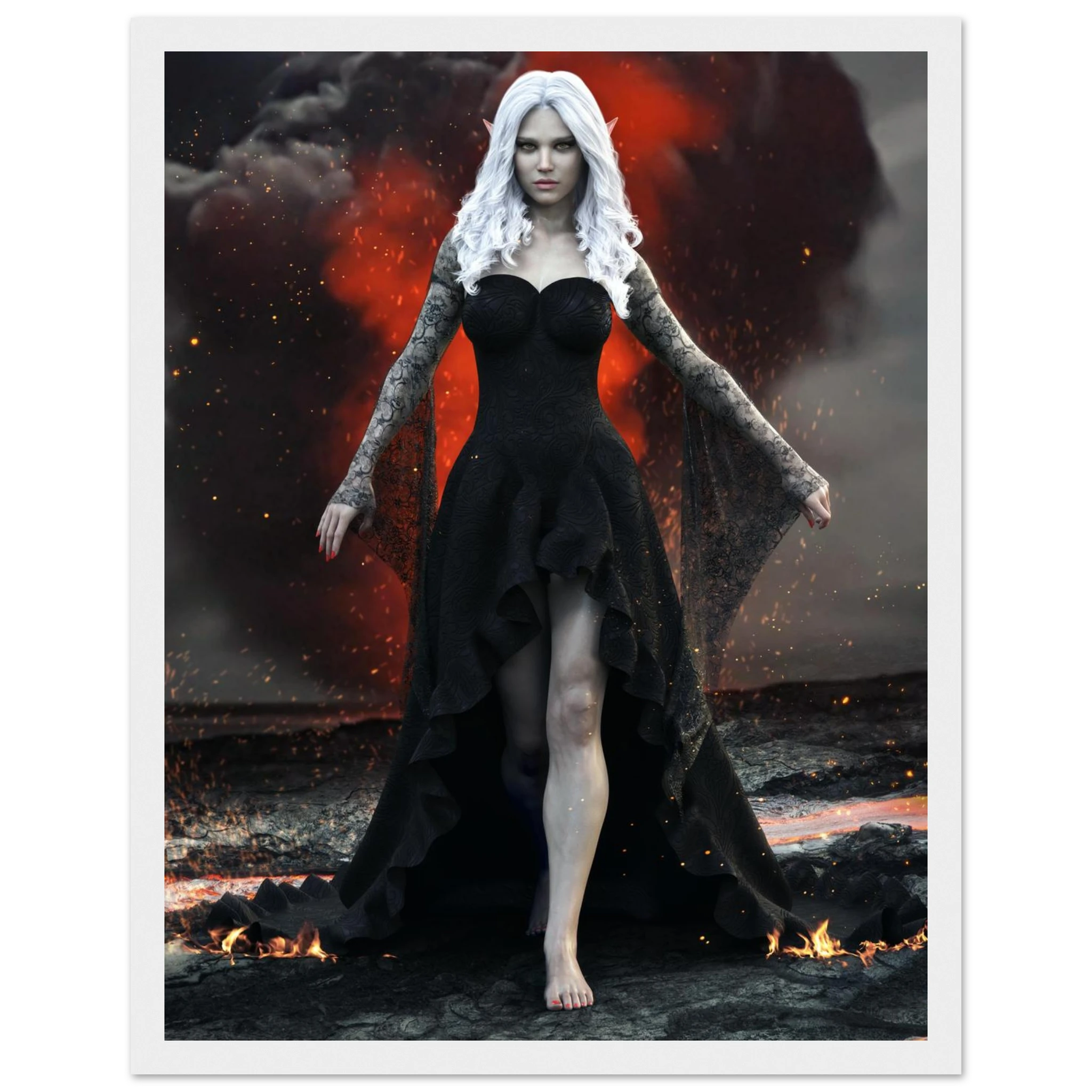 Handcrafted Dark Elf Sorceress wall art featuring a white-haired elven mage in a flowing black gown walking across a volcanic landscape with lava, smoke, and glowing embers. Fantasy artwork perfect for gaming rooms, RPG fans, and dark fantasy décor.