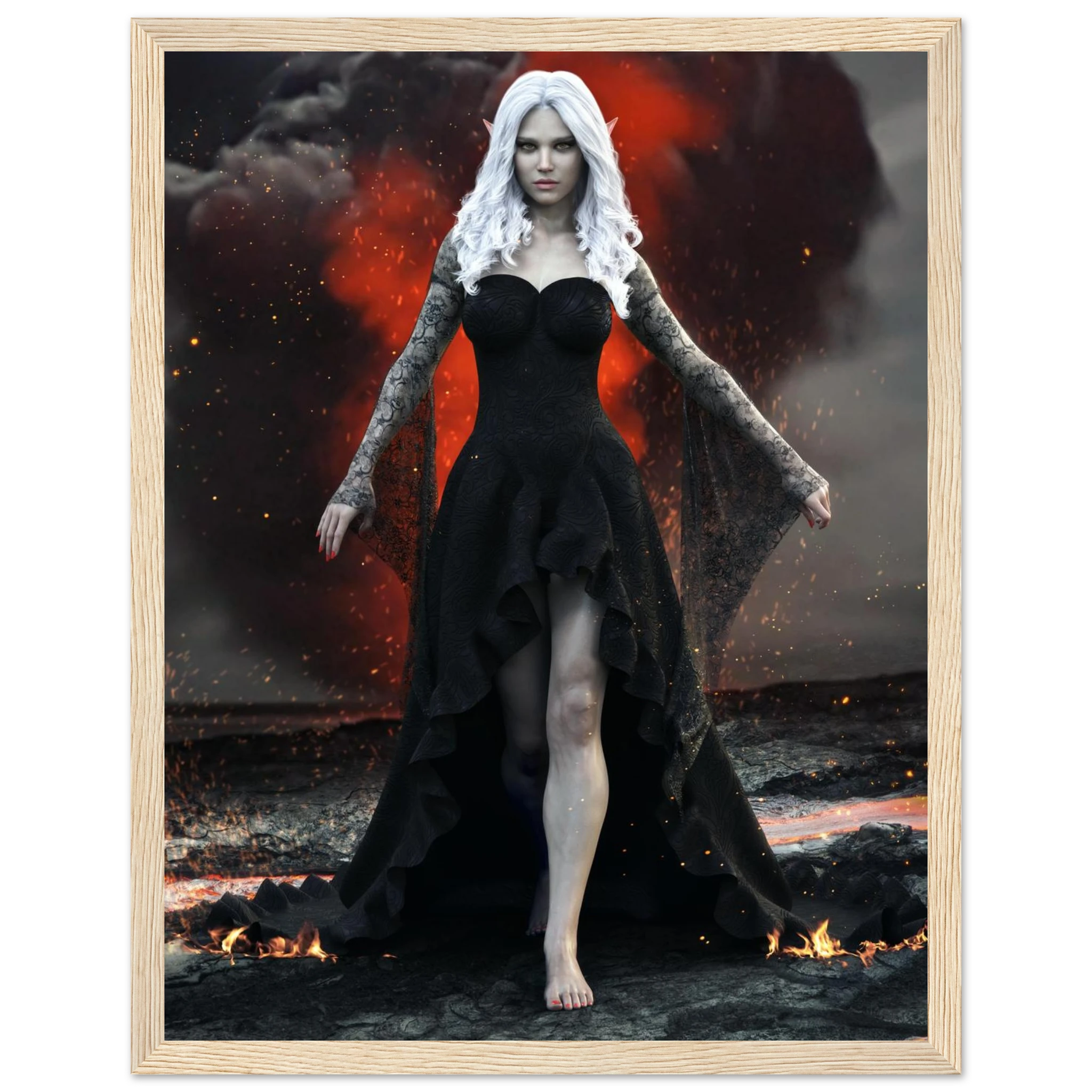 Handcrafted Dark Elf Sorceress wall art featuring a white-haired elven mage in a flowing black gown walking across a volcanic landscape with lava, smoke, and glowing embers. Fantasy artwork perfect for gaming rooms, RPG fans, and dark fantasy décor.
