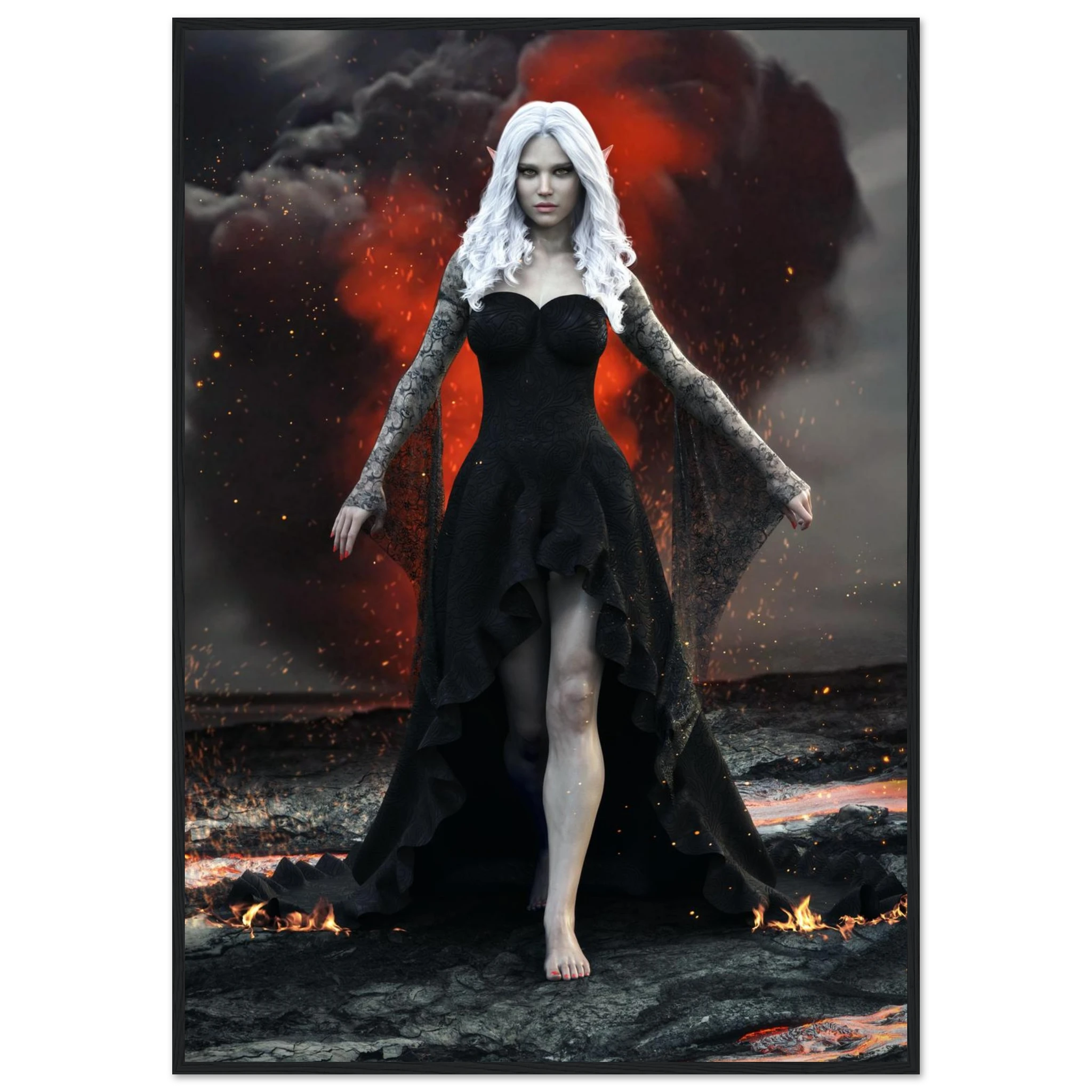 Handcrafted Dark Elf Sorceress wall art featuring a white-haired elven mage in a flowing black gown walking across a volcanic landscape with lava, smoke, and glowing embers. Fantasy artwork perfect for gaming rooms, RPG fans, and dark fantasy décor.