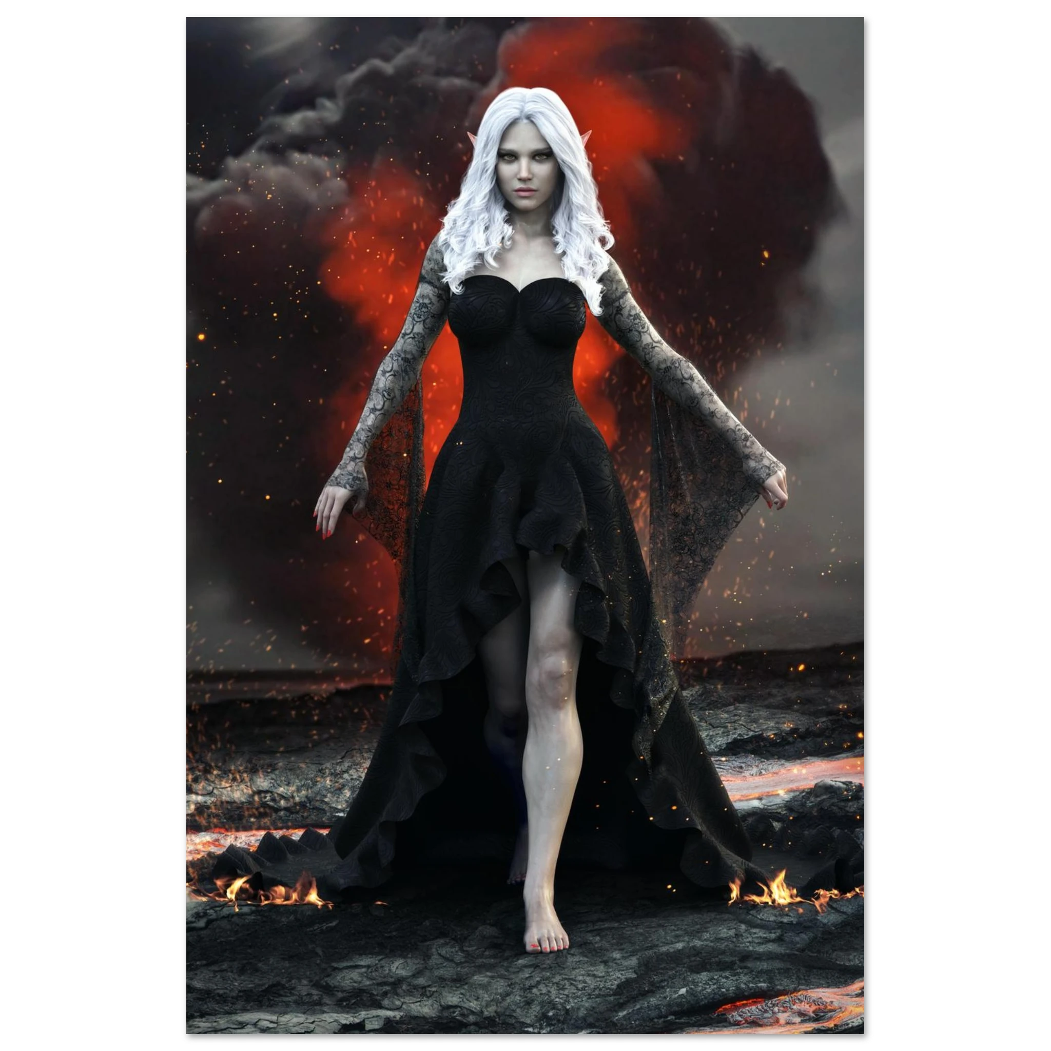 Handcrafted Dark Elf Sorceress wall art featuring a white-haired elven mage in a flowing black gown walking across a volcanic landscape with lava, smoke, and glowing embers. Fantasy artwork perfect for gaming rooms, RPG fans, and dark fantasy décor.
