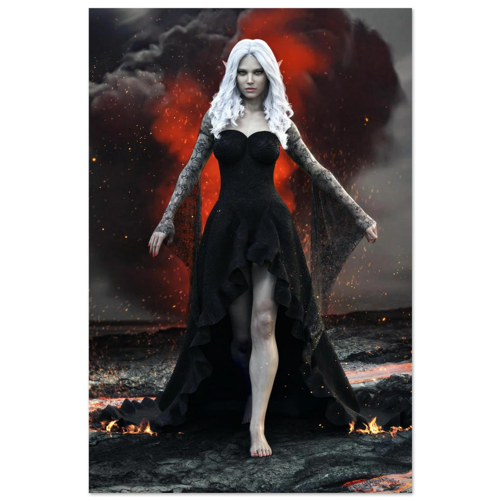Handcrafted Dark Elf Sorceress wall art featuring a white-haired elven mage in a flowing black gown walking across a volcanic landscape with lava, smoke, and glowing embers. Fantasy artwork perfect for gaming rooms, RPG fans, and dark fantasy décor.