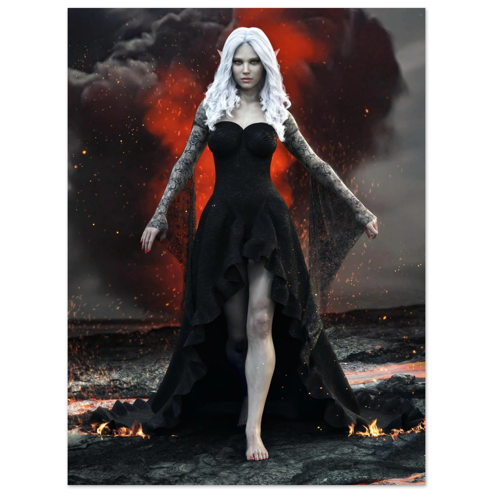Handcrafted Dark Elf Sorceress wall art featuring a white-haired elven mage in a flowing black gown walking across a volcanic landscape with lava, smoke, and glowing embers. Fantasy artwork perfect for gaming rooms, RPG fans, and dark fantasy décor.