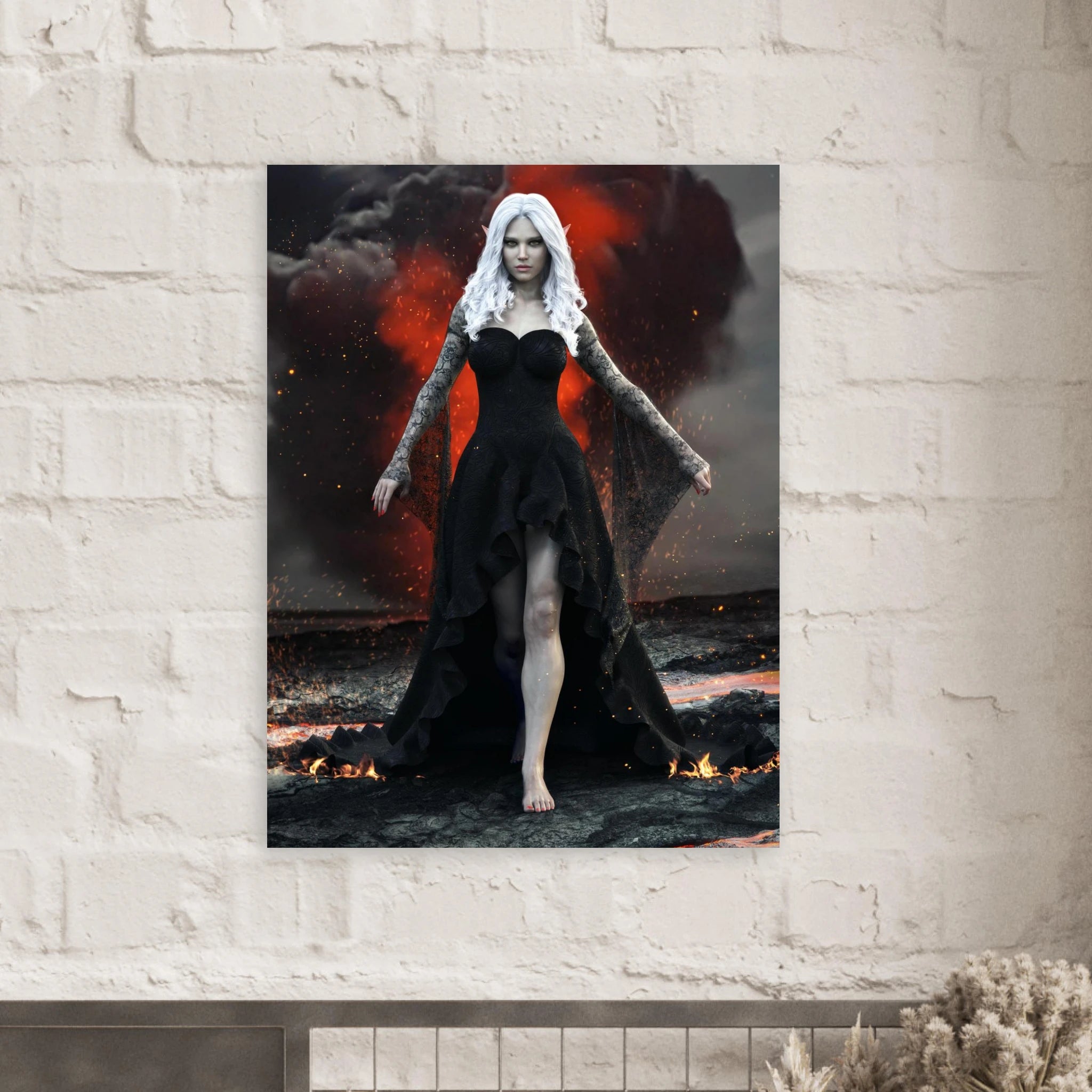 Handcrafted Dark Elf Sorceress wall art featuring a white-haired elven mage in a flowing black gown walking across a volcanic landscape with lava, smoke, and glowing embers. Fantasy artwork perfect for gaming rooms, RPG fans, and dark fantasy décor.
