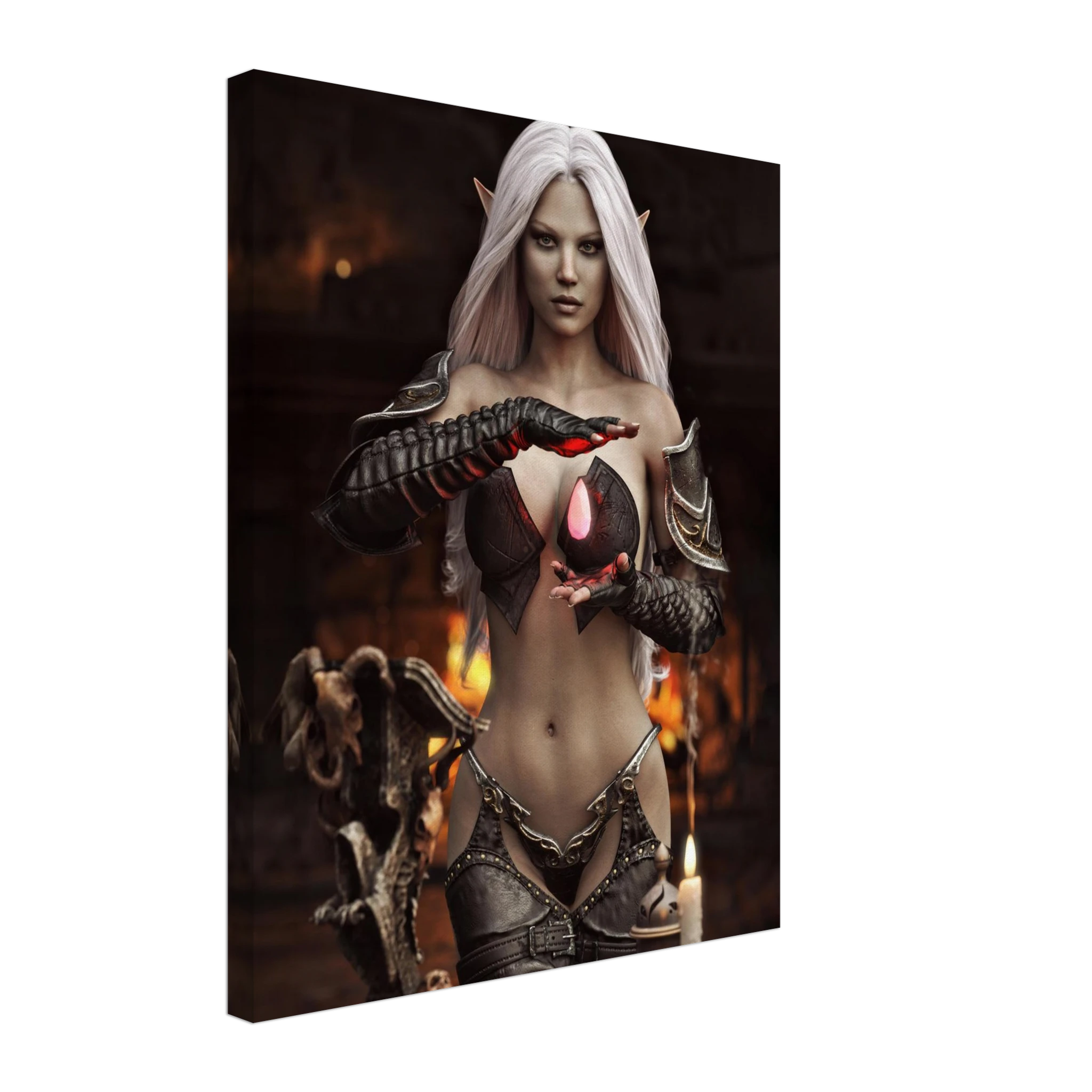 Handcrafted Dark Elf Sorceress wall art featuring a white-haired elven mage conjuring a glowing crimson crystal inside a mystical ritual chamber. Fantasy artwork perfect for gaming rooms, RPG fans, and dark fantasy décor.