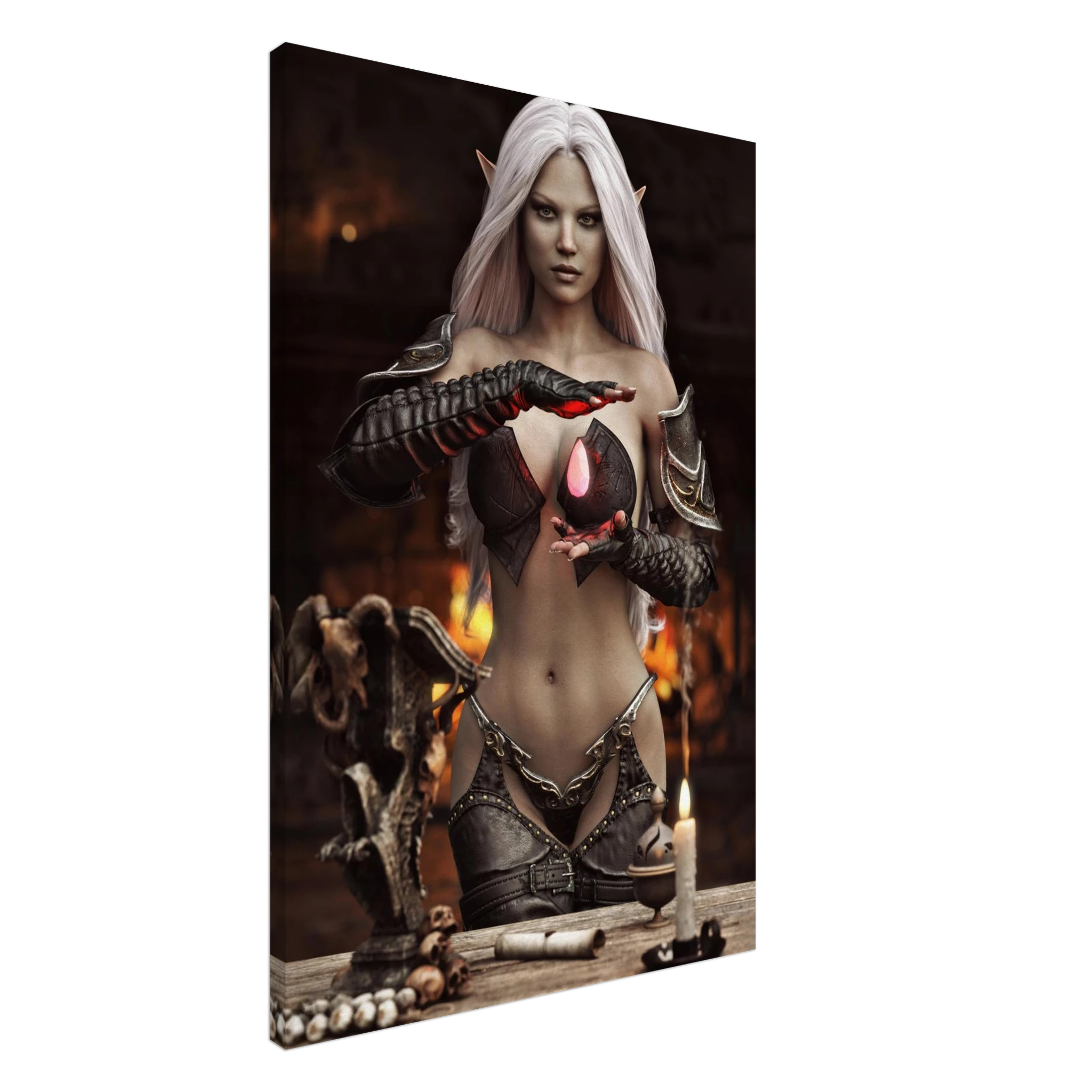 Handcrafted Dark Elf Sorceress wall art featuring a white-haired elven mage conjuring a glowing crimson crystal inside a mystical ritual chamber. Fantasy artwork perfect for gaming rooms, RPG fans, and dark fantasy décor.