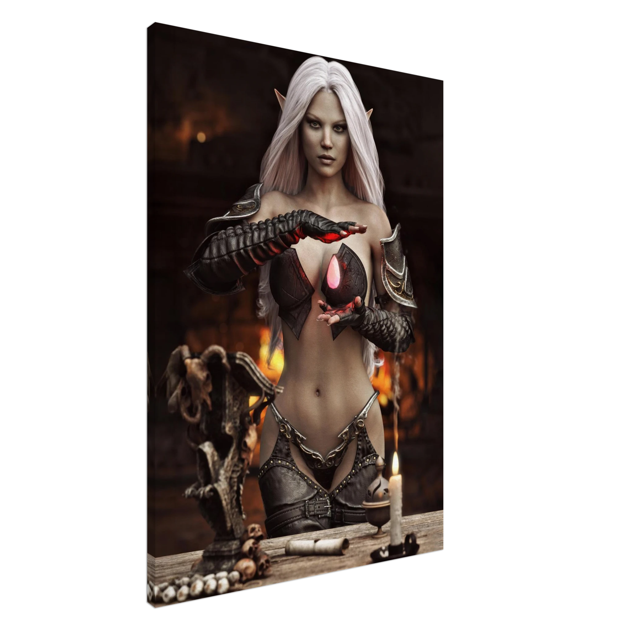 Handcrafted Dark Elf Sorceress wall art featuring a white-haired elven mage conjuring a glowing crimson crystal inside a mystical ritual chamber. Fantasy artwork perfect for gaming rooms, RPG fans, and dark fantasy décor.