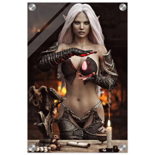 Handcrafted Dark Elf Sorceress wall art featuring a white-haired elven mage conjuring a glowing crimson crystal inside a mystical ritual chamber. Fantasy artwork perfect for gaming rooms, RPG fans, and dark fantasy décor.