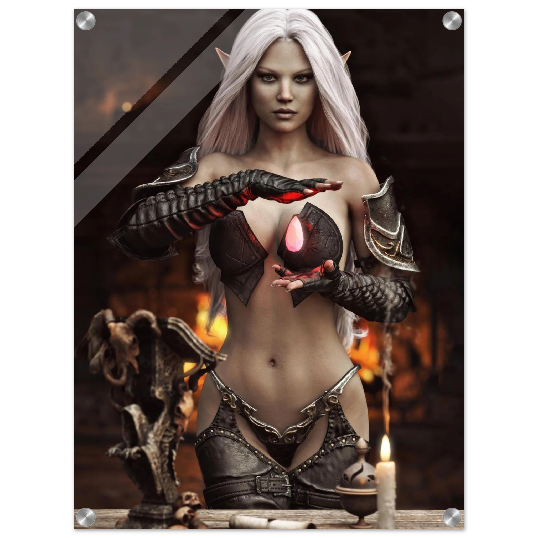 Handcrafted Dark Elf Sorceress wall art featuring a white-haired elven mage conjuring a glowing crimson crystal inside a mystical ritual chamber. Fantasy artwork perfect for gaming rooms, RPG fans, and dark fantasy décor.
