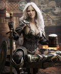 Dark elf warrior wall art featuring a white-haired female elf in black and gold armor holding a sword and tankard inside a medieval fantasy tavern.
