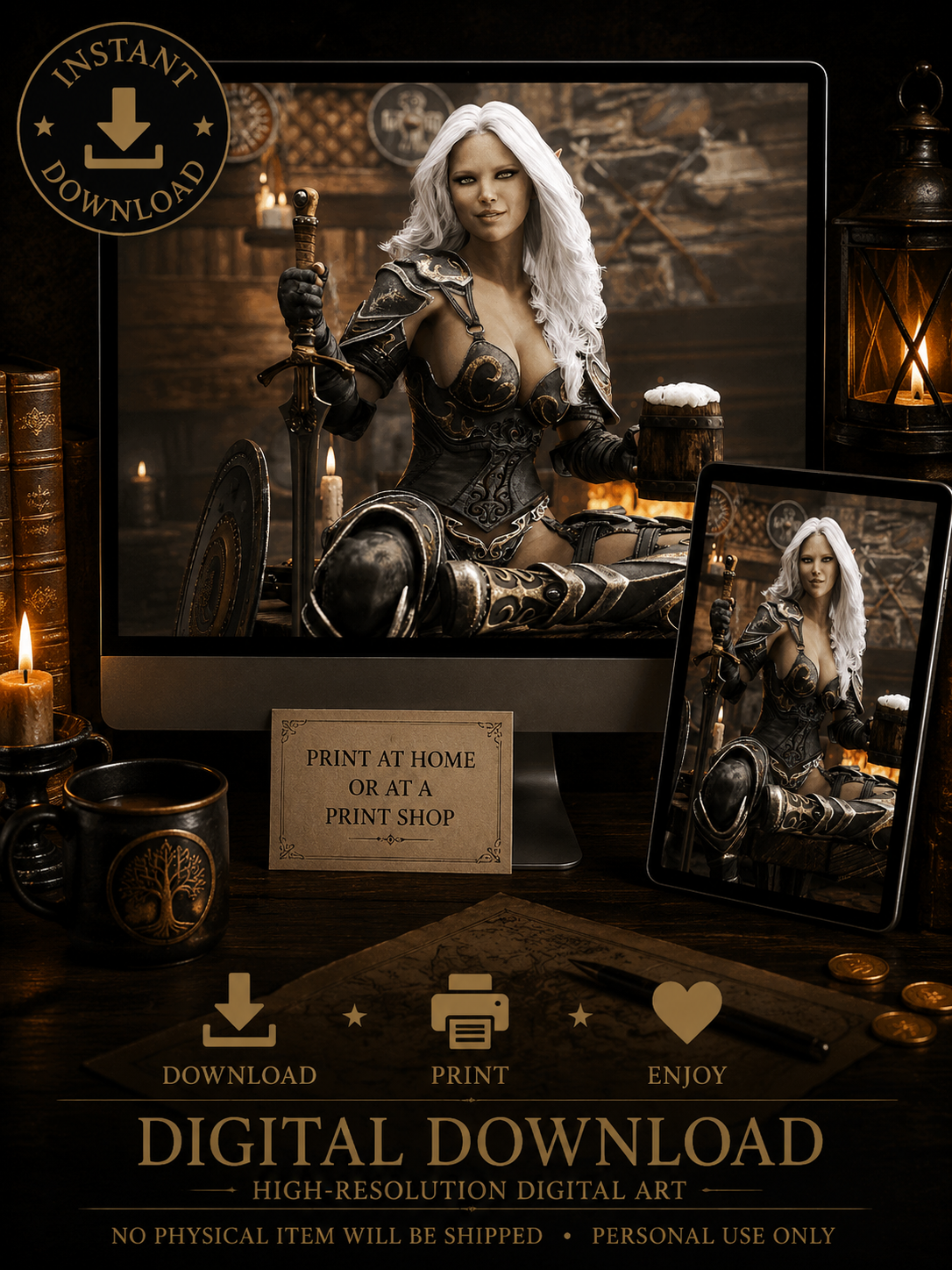 Dark elf warrior wall art featuring a white-haired female elf in black and gold armor holding a sword and tankard inside a medieval fantasy tavern.