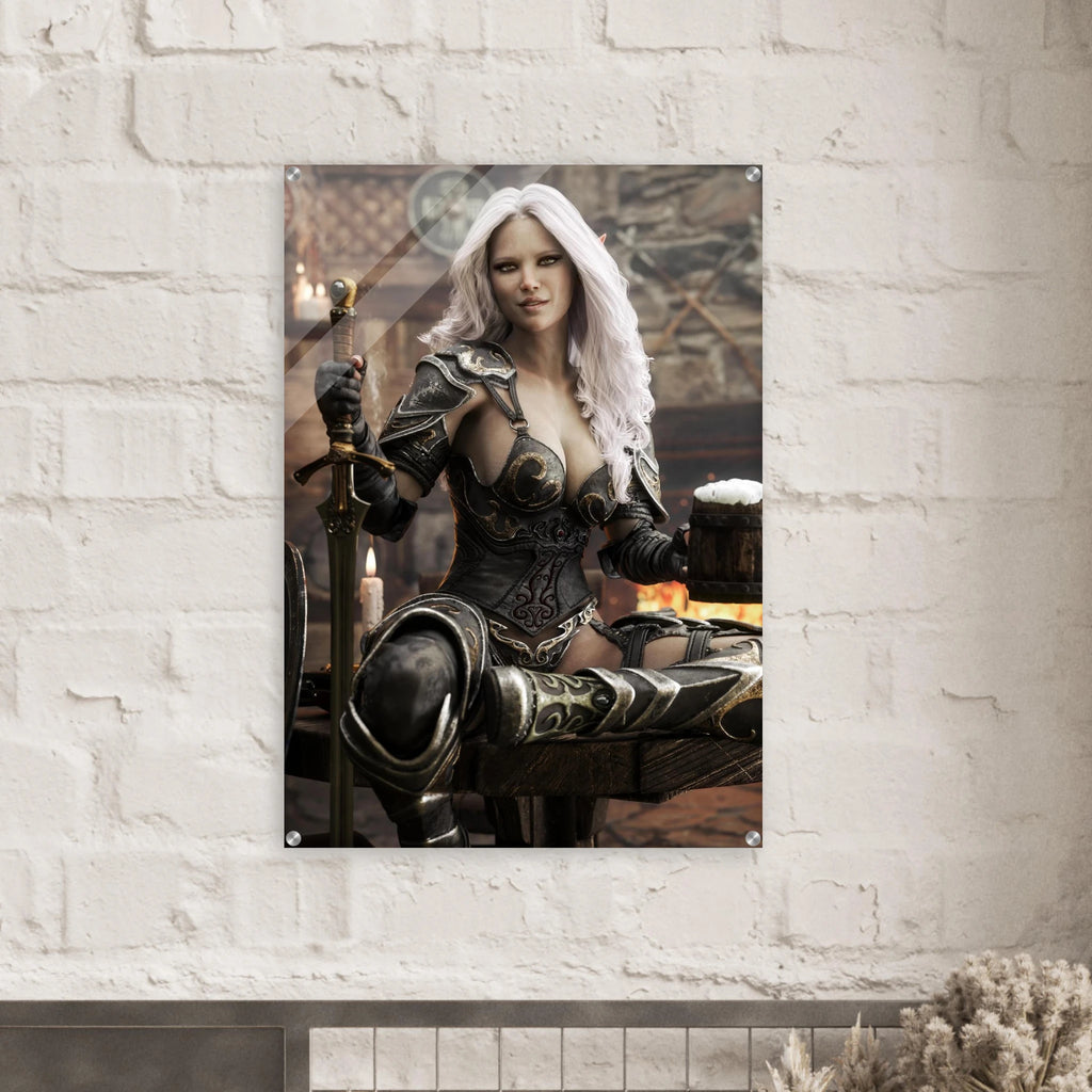 Handcrafted Dark Elf Warrior tavern wall art featuring a white-haired female elf in ornate armor holding a frothy tankard beside her sword and shield in a cozy medieval tavern. Fantasy artwork perfect for gaming rooms, home bars, RPG fans, and medieval fantasy décor.