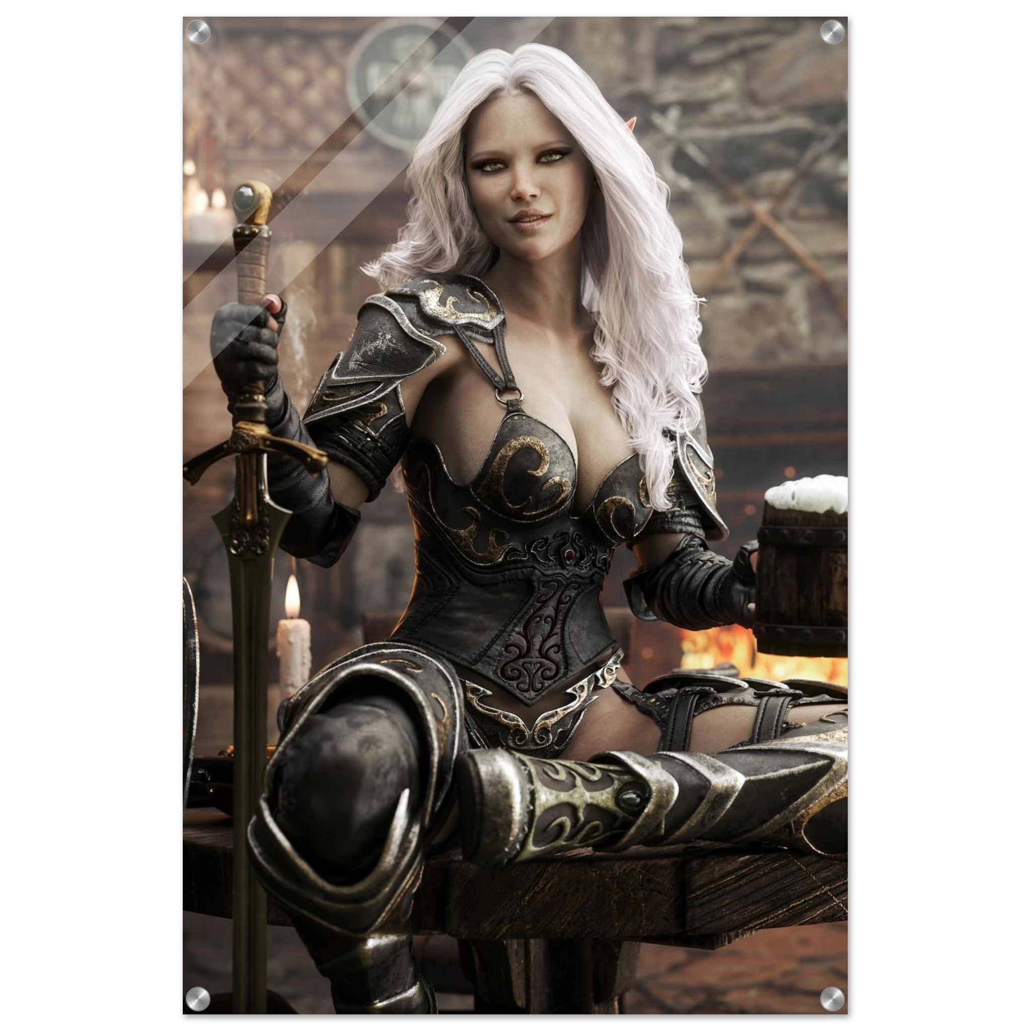 Handcrafted Dark Elf Warrior tavern wall art featuring a white-haired female elf in ornate armor holding a frothy tankard beside her sword and shield in a cozy medieval tavern. Fantasy artwork perfect for gaming rooms, home bars, RPG fans, and medieval fantasy décor.