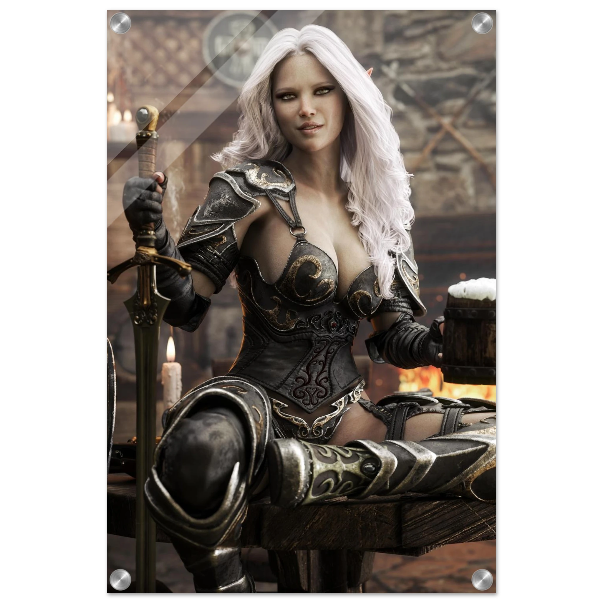 Handcrafted Dark Elf Warrior tavern wall art featuring a white-haired female elf in ornate armor holding a frothy tankard beside her sword and shield in a cozy medieval tavern. Fantasy artwork perfect for gaming rooms, home bars, RPG fans, and medieval fantasy décor.