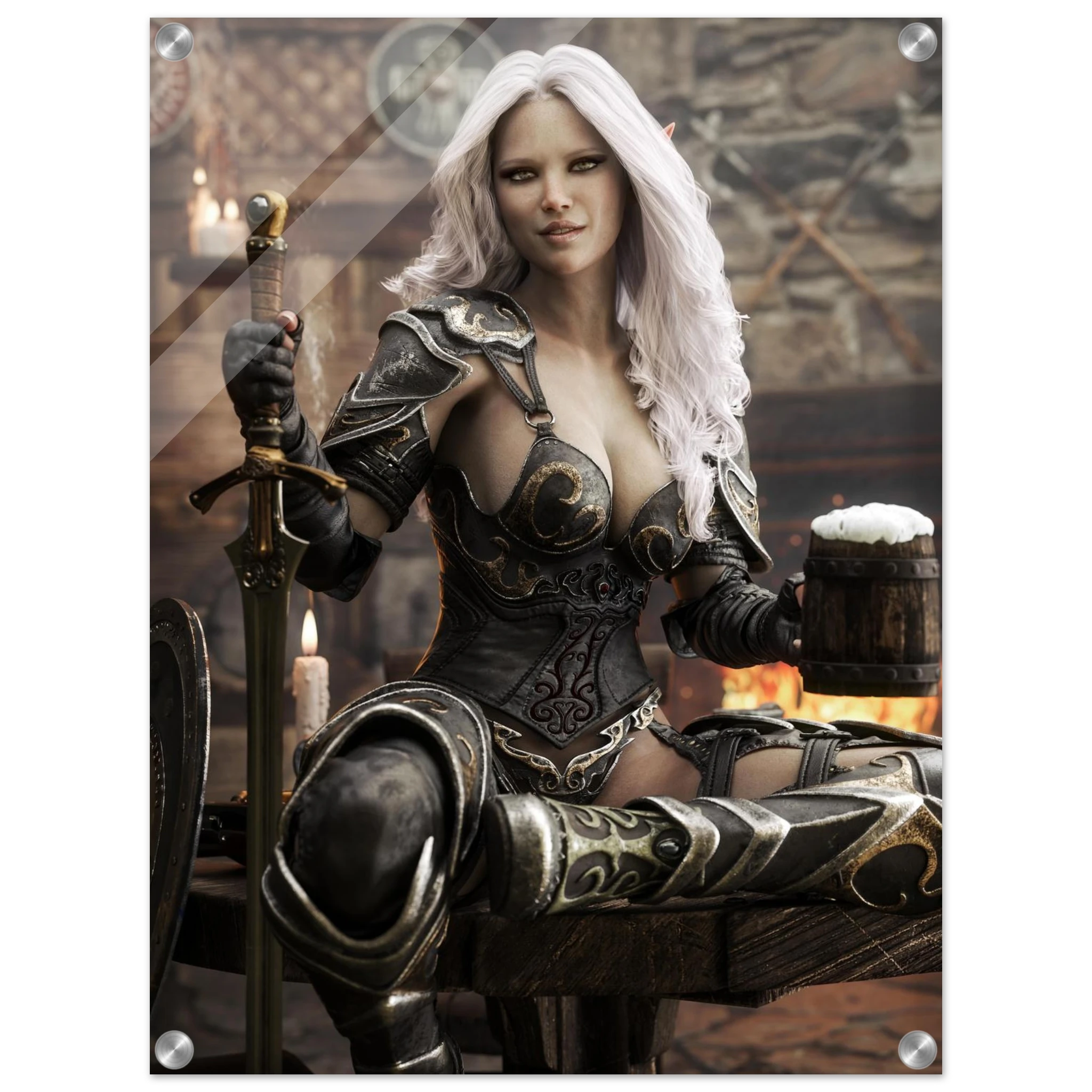 Handcrafted Dark Elf Warrior tavern wall art featuring a white-haired female elf in ornate armor holding a frothy tankard beside her sword and shield in a cozy medieval tavern. Fantasy artwork perfect for gaming rooms, home bars, RPG fans, and medieval fantasy décor.