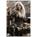 Handcrafted Dark Elf Warrior tavern wall art featuring a white-haired female elf in ornate armor holding a frothy tankard beside her sword and shield in a cozy medieval tavern. Fantasy artwork perfect for gaming rooms, home bars, RPG fans, and medieval fantasy décor.