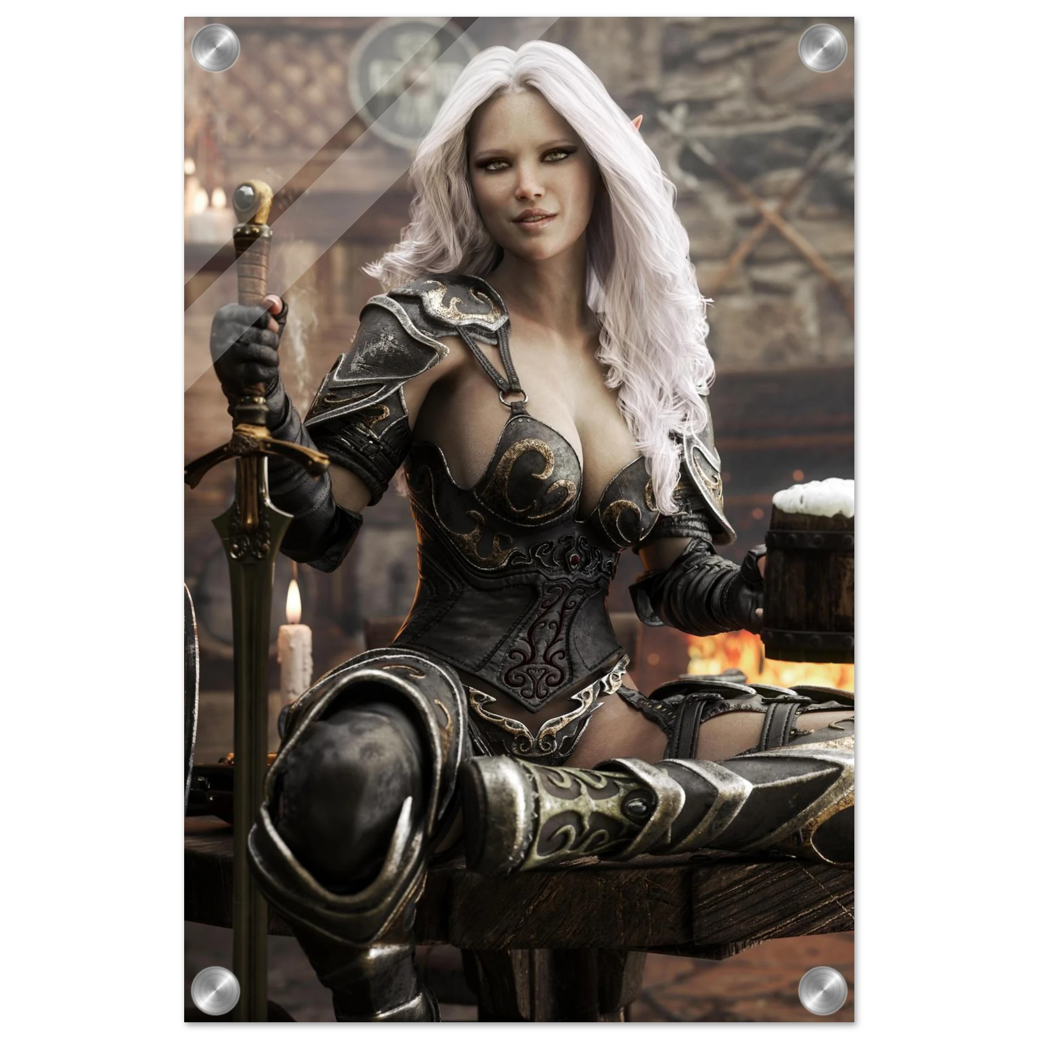 Handcrafted Dark Elf Warrior tavern wall art featuring a white-haired female elf in ornate armor holding a frothy tankard beside her sword and shield in a cozy medieval tavern. Fantasy artwork perfect for gaming rooms, home bars, RPG fans, and medieval fantasy décor.