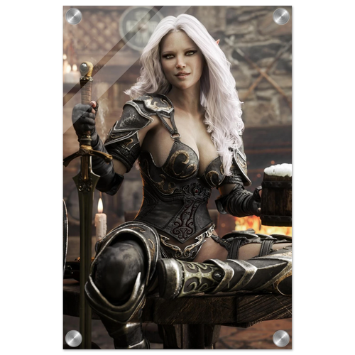 Handcrafted Dark Elf Warrior tavern wall art featuring a white-haired female elf in ornate armor holding a frothy tankard beside her sword and shield in a cozy medieval tavern. Fantasy artwork perfect for gaming rooms, home bars, RPG fans, and medieval fantasy décor.