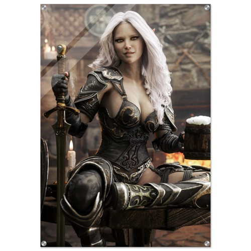 Handcrafted Dark Elf Warrior tavern wall art featuring a white-haired female elf in ornate armor holding a frothy tankard beside her sword and shield in a cozy medieval tavern. Fantasy artwork perfect for gaming rooms, home bars, RPG fans, and medieval fantasy décor.