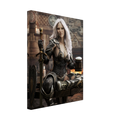 Handcrafted Dark Elf Warrior tavern wall art featuring a white-haired female elf in ornate armor holding a frothy tankard beside her sword and shield in a cozy medieval tavern. Fantasy artwork perfect for gaming rooms, home bars, RPG fans, and medieval fantasy décor.