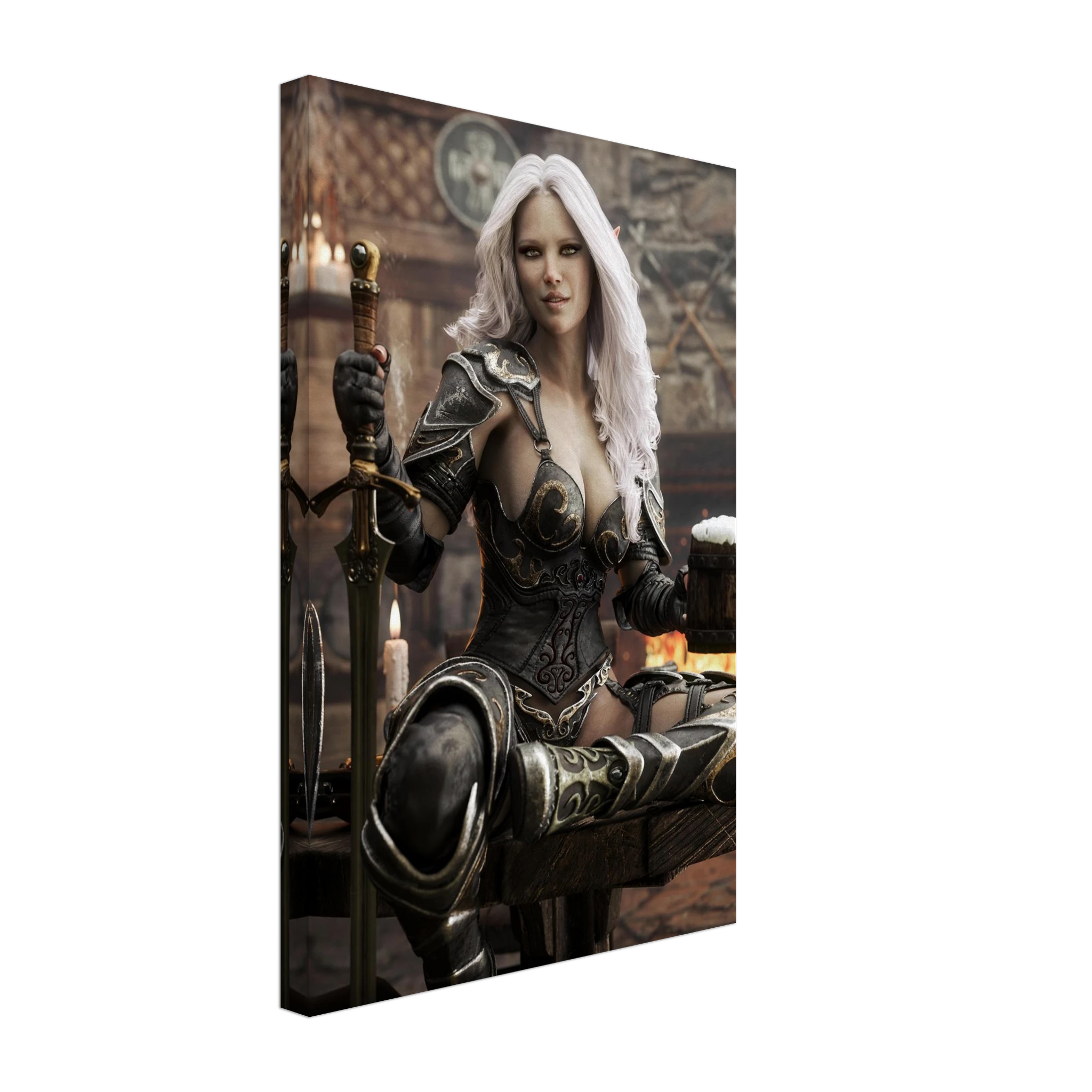 Handcrafted Dark Elf Warrior tavern wall art featuring a white-haired female elf in ornate armor holding a frothy tankard beside her sword and shield in a cozy medieval tavern. Fantasy artwork perfect for gaming rooms, home bars, RPG fans, and medieval fantasy décor.