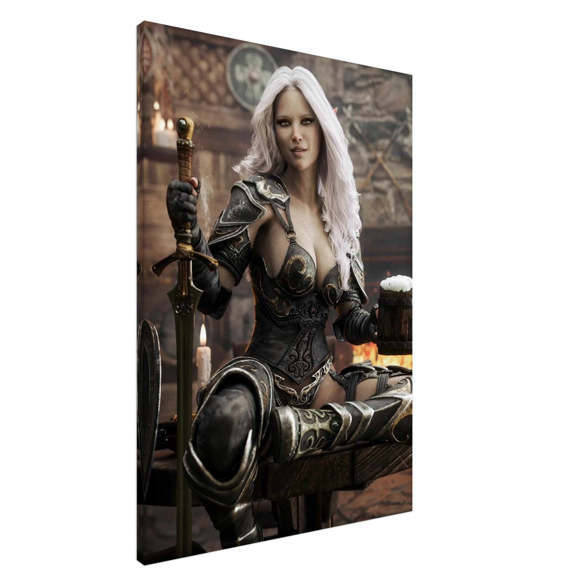 Handcrafted Dark Elf Warrior tavern wall art featuring a white-haired female elf in ornate armor holding a frothy tankard beside her sword and shield in a cozy medieval tavern. Fantasy artwork perfect for gaming rooms, home bars, RPG fans, and medieval fantasy décor.