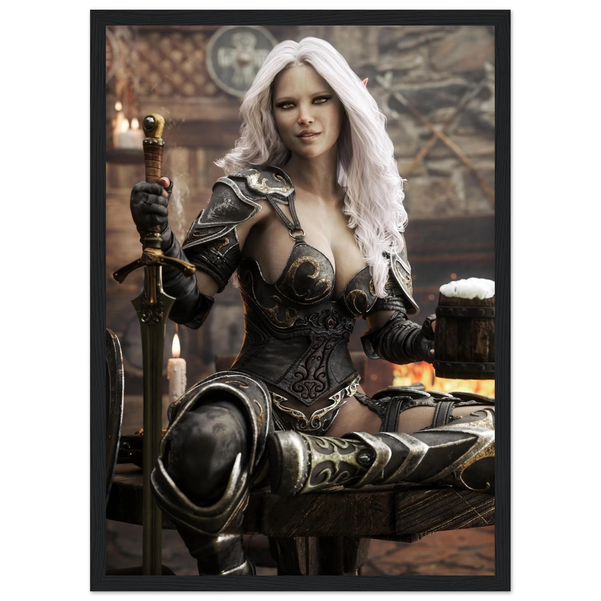 A framed fantasy art print depicting a female warrior with long white hair, wearing dark metallic armor and holding a sword and a mug, set against a dark medieval background.