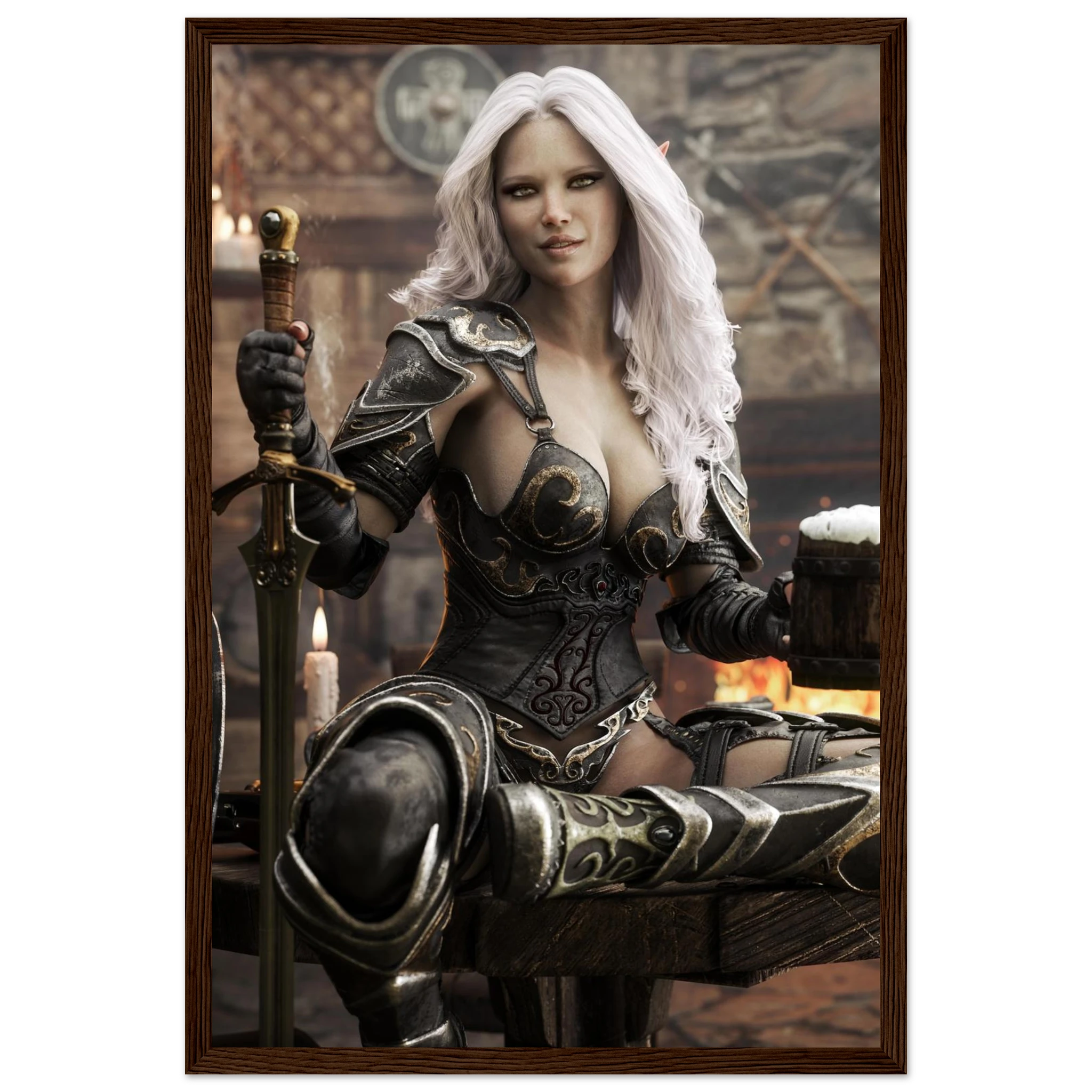 A framed fantasy art print depicting a female warrior with long white hair, wearing dark metallic armor and holding a sword, set against a warm dimly lit interior background.