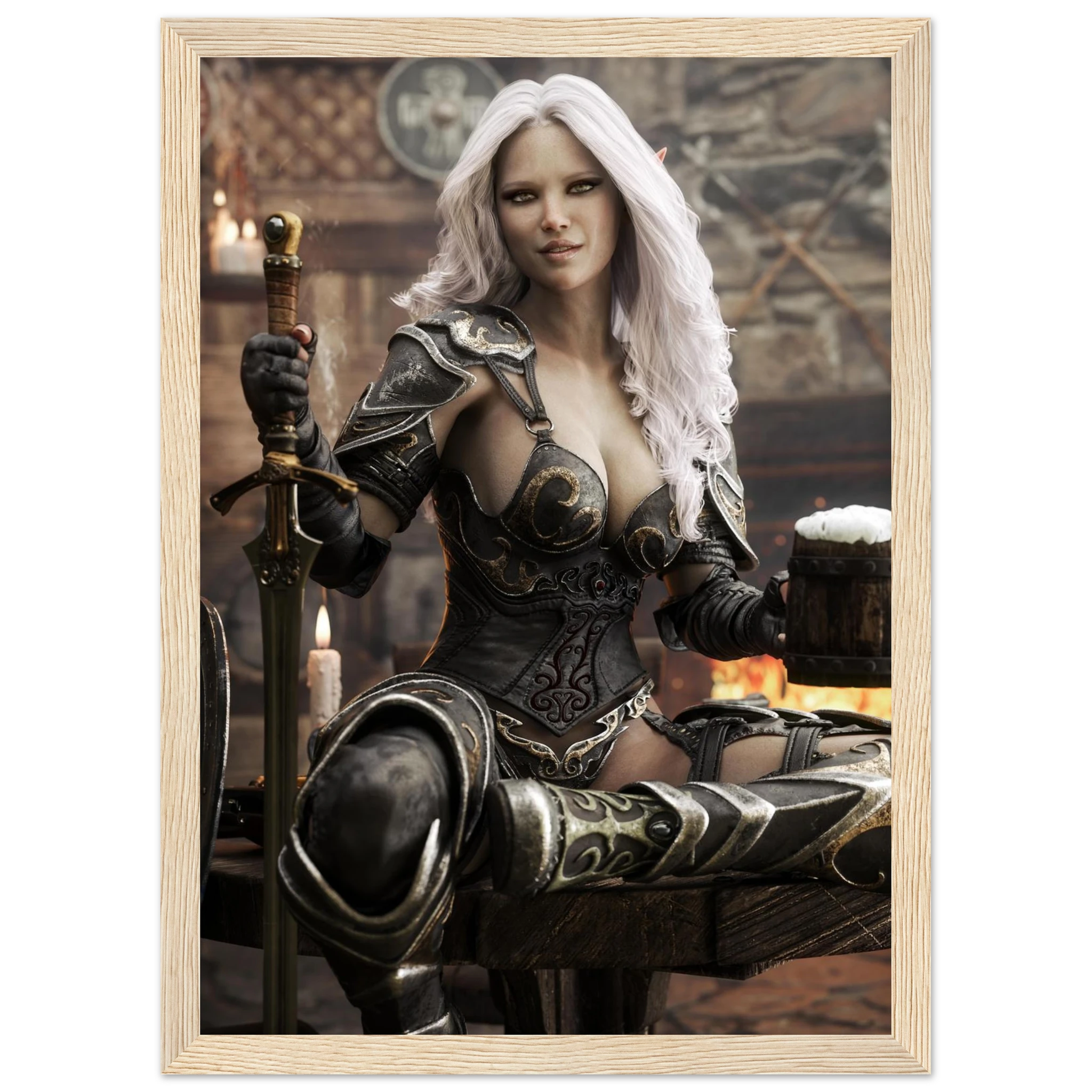 A framed fantasy art print depicting a female warrior with long white hair, wearing dark metallic armor and holding a sword, set against a warm dimly lit interior. The print is shown in a light wood frame on a plain white background.
