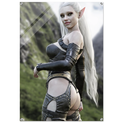 Handcrafted Dark Elf Warrior wall art featuring an elegant white-haired female elf in detailed leather armor overlooking a dramatic mountain landscape. Fantasy artwork ideal for gaming rooms, RPG fans, and medieval fantasy décor.
