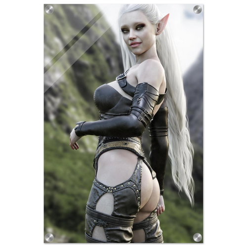 Handcrafted Dark Elf Warrior wall art featuring an elegant white-haired female elf in detailed leather armor overlooking a dramatic mountain landscape. Fantasy artwork ideal for gaming rooms, RPG fans, and medieval fantasy décor.