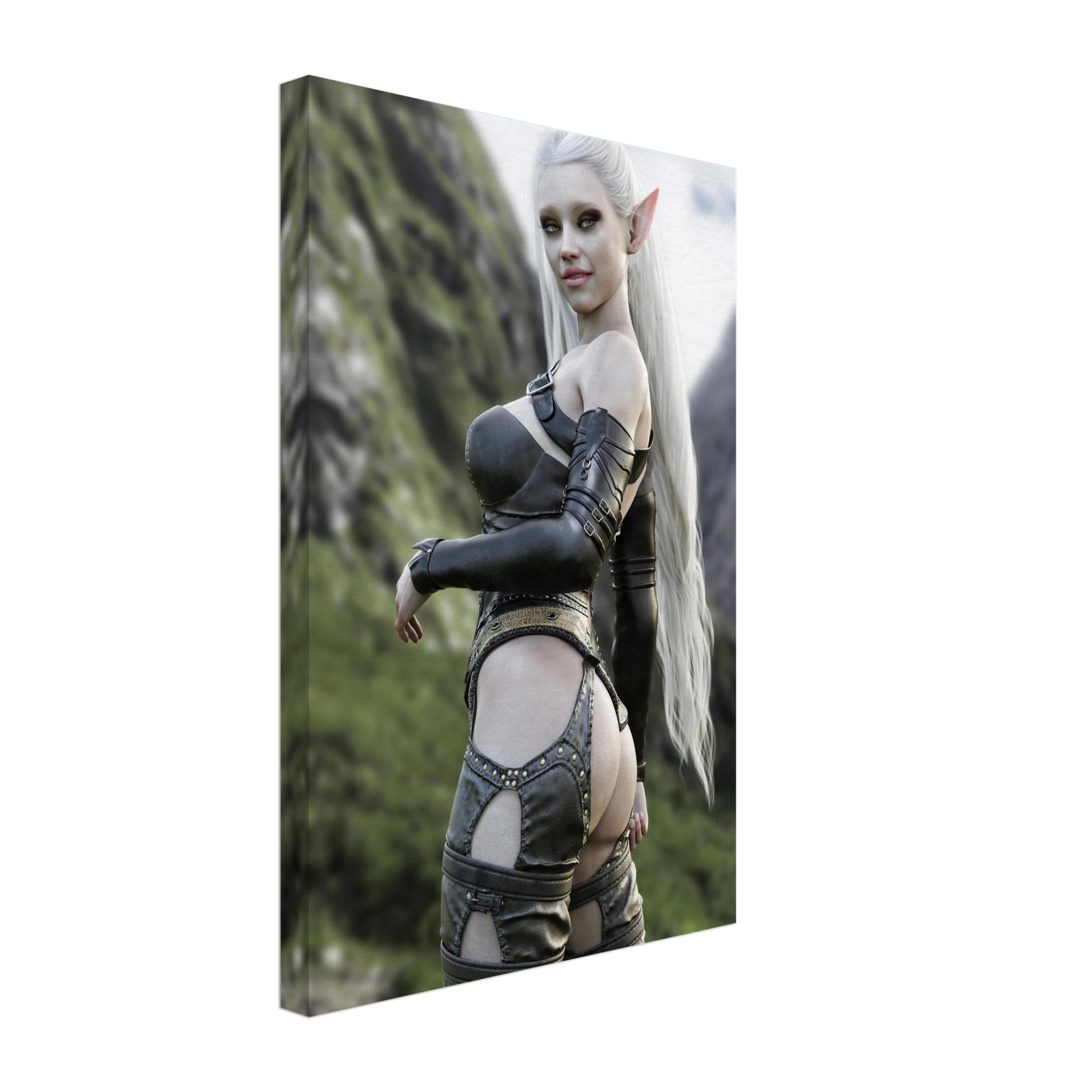 Handcrafted Dark Elf Warrior wall art featuring an elegant white-haired female elf in detailed leather armor overlooking a dramatic mountain landscape. Fantasy artwork ideal for gaming rooms, RPG fans, and medieval fantasy décor.