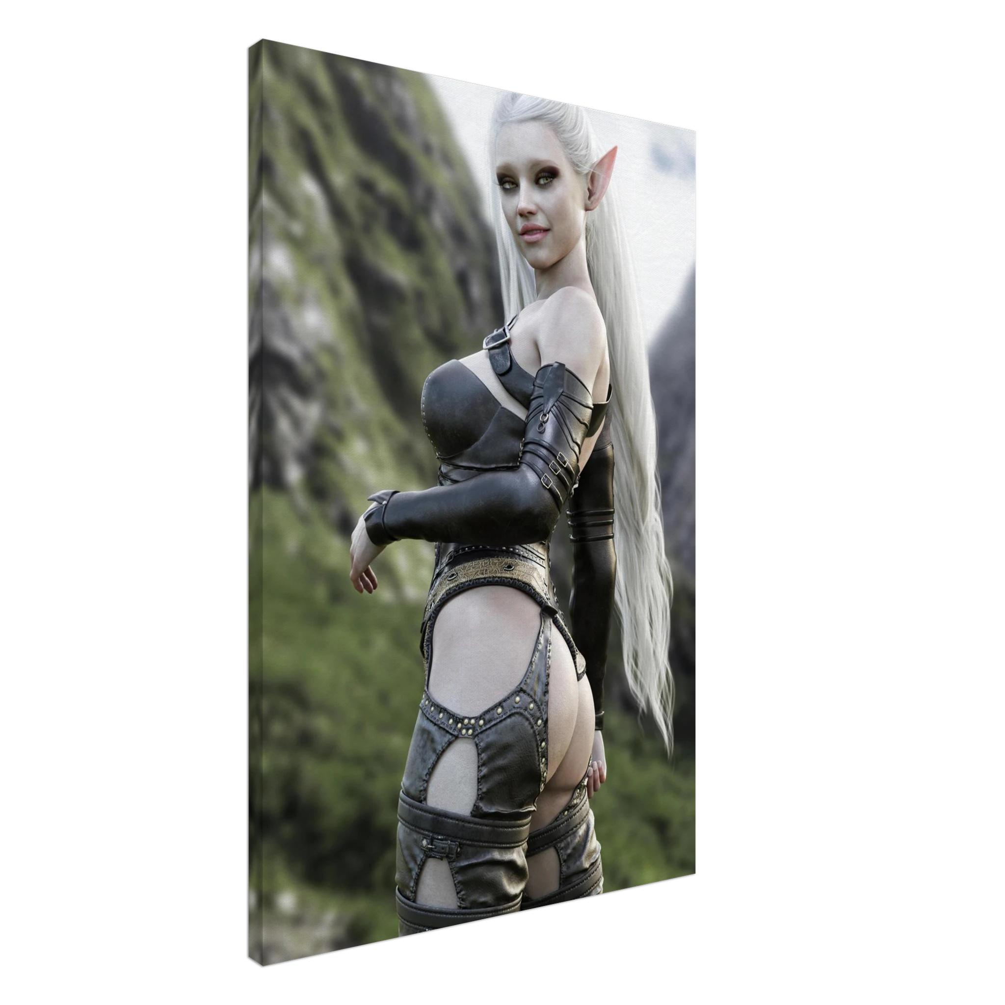 Handcrafted Dark Elf Warrior wall art featuring an elegant white-haired female elf in detailed leather armor overlooking a dramatic mountain landscape. Fantasy artwork ideal for gaming rooms, RPG fans, and medieval fantasy décor.