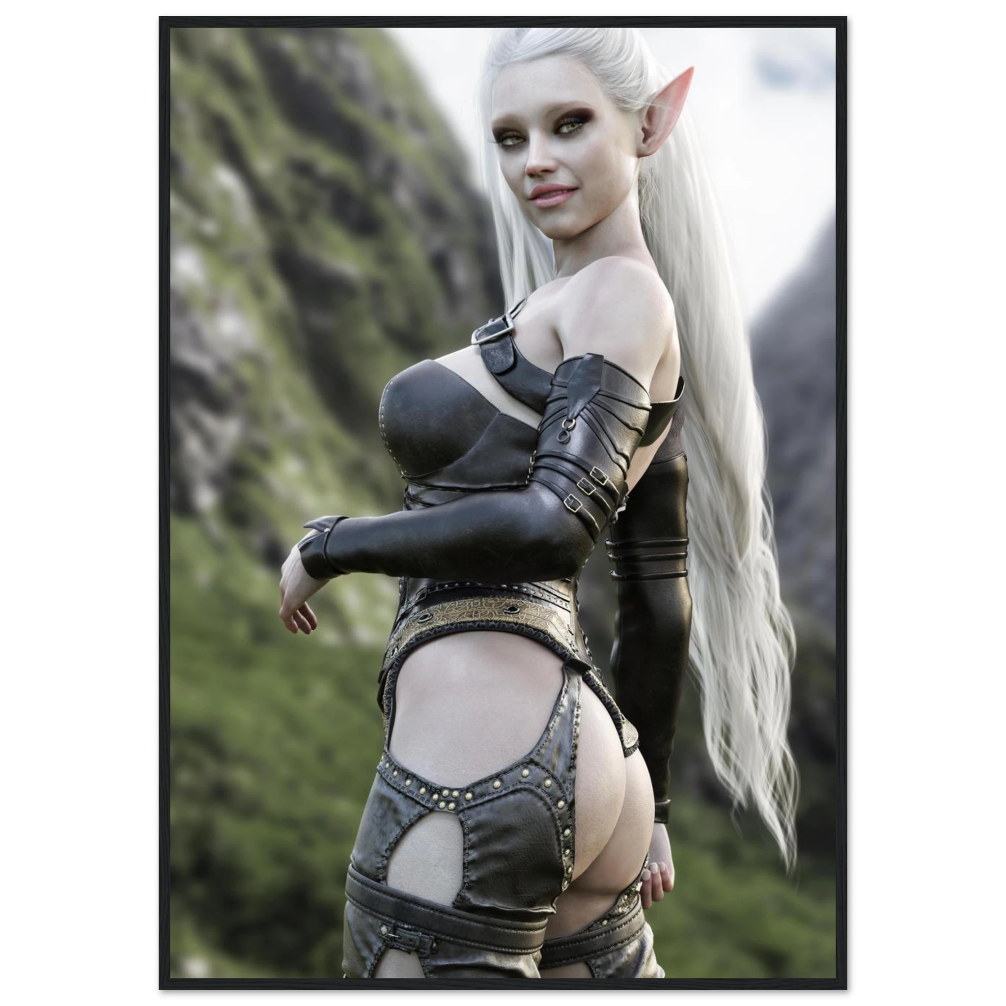 A framed vertical art print featuring a fantasy elf woman with long white hair and pointed ears, wearing dark metallic armor, posed against a blurred mountain landscape. The print is shown with a thin black frame on a white background.