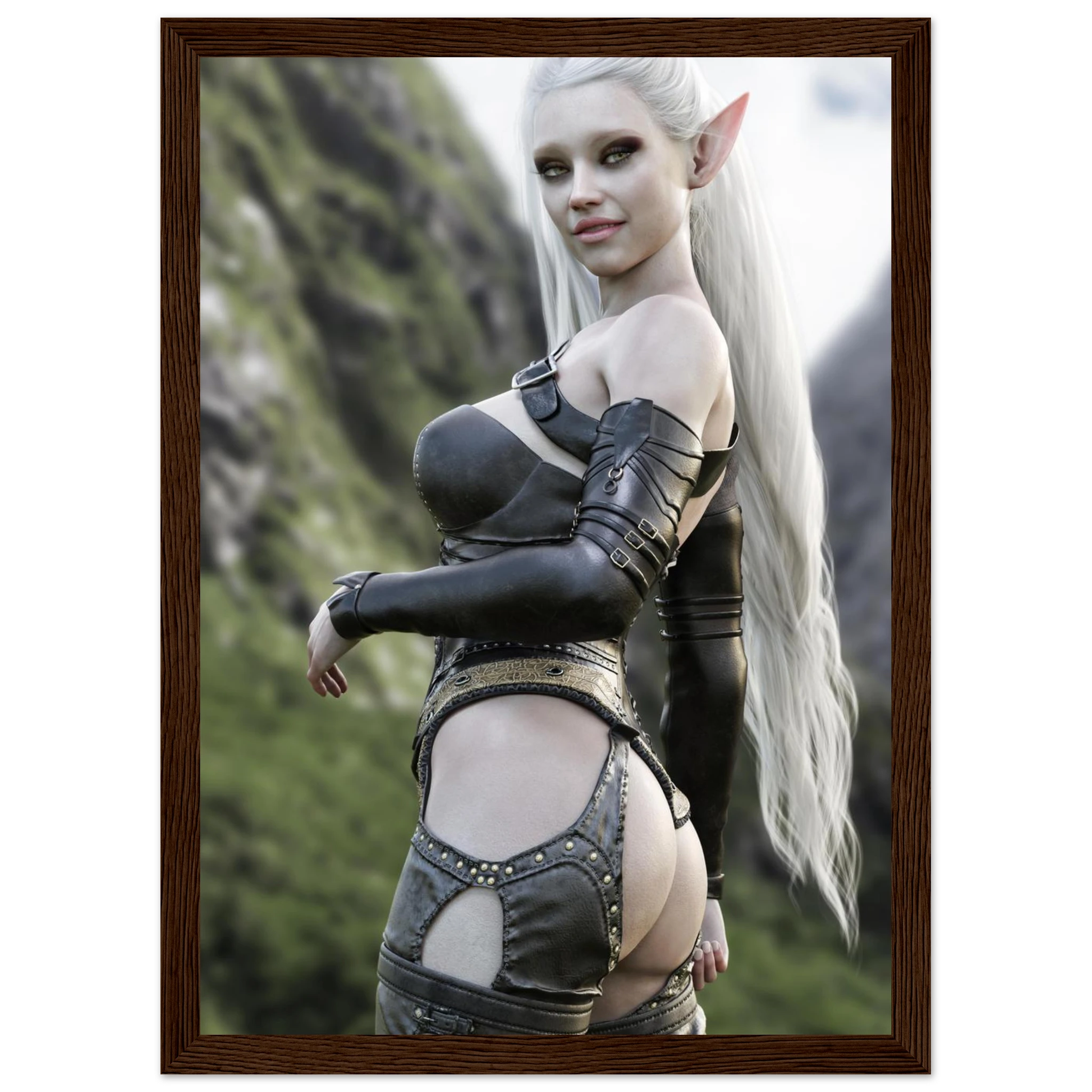 A framed art print featuring a fantasy illustration of an elf woman with long white hair, wearing dark leather armor, posed against a blurred green mountain background. The print is enclosed in a dark brown wooden frame.