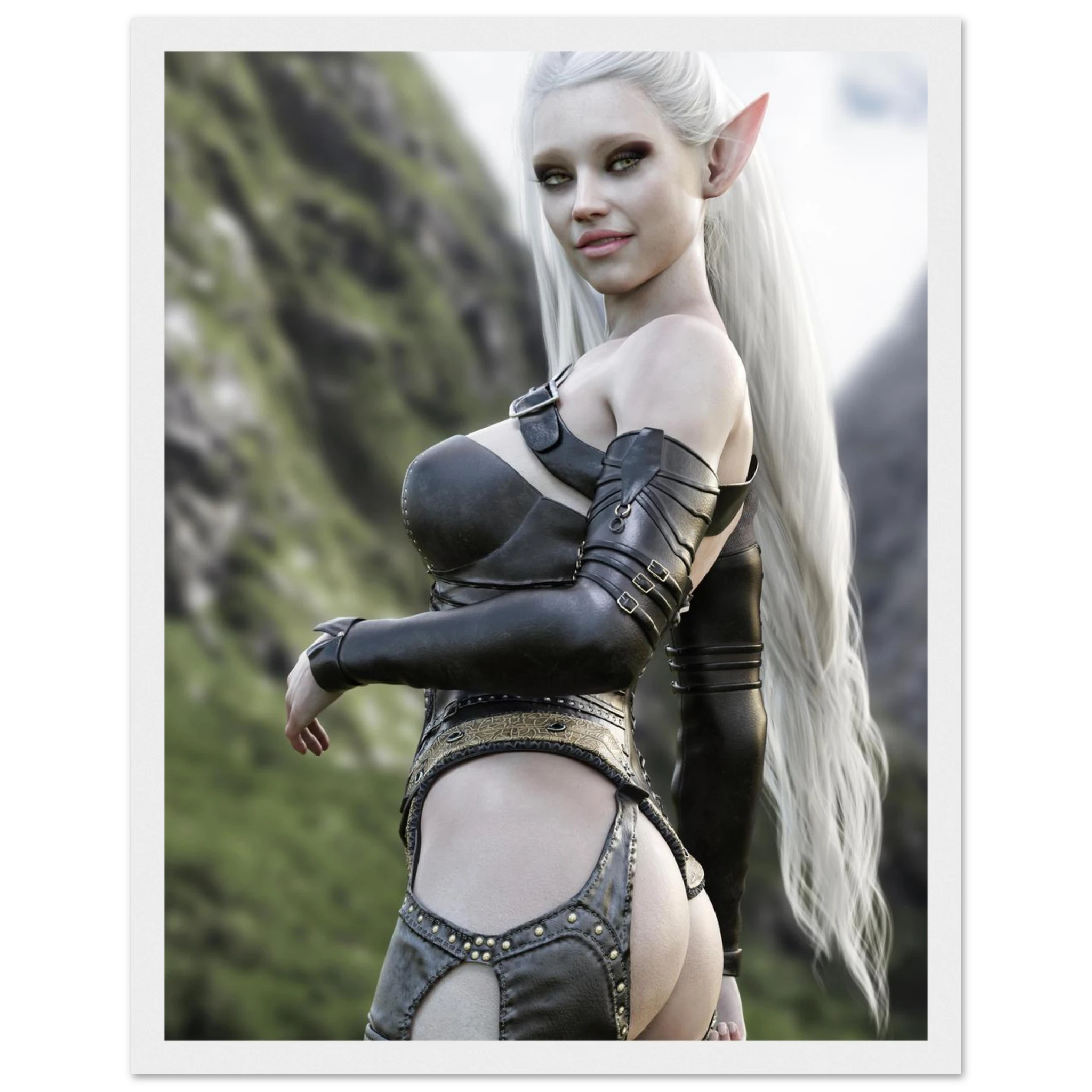 A framed art print featuring a fantasy elf woman with long white hair and pointed ears, wearing dark leather-like armor, posed against a blurred mountainous background.